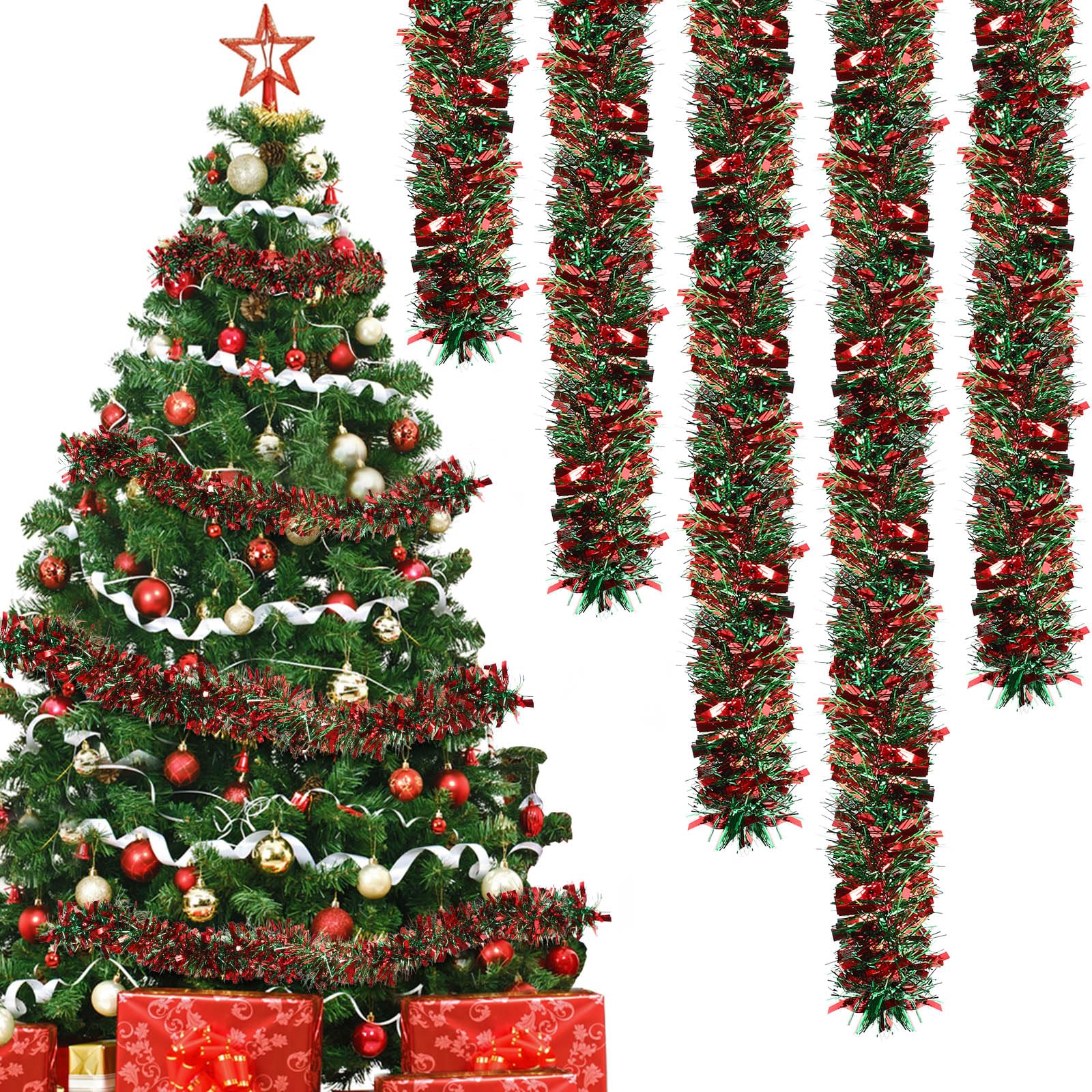 BBTO 39.4 Feet Tinsel Garland Mixed Color Metallic Tinsel Chunky Glittering Tinsel for Christmas Tree Decoration, 6 Pieces (Red and Green Mixed)