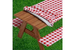 Sorfey Picnic Table Cover with Bench Covers -Fitted with Elastic, Vinyl with Flannel Back, Fits for Table 28"x 72" Rectangle,Water Proof, Checked Red Design