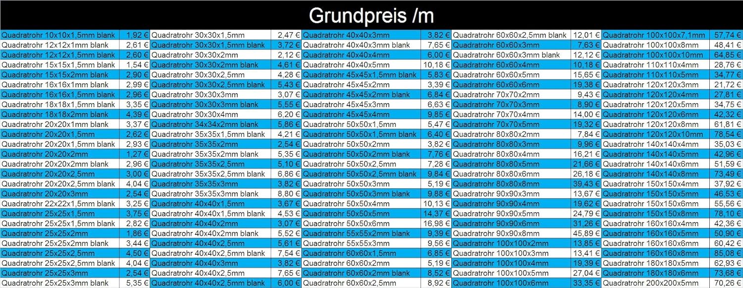 Quadratrohr Stahlrohr Hohlprofil Vierkantrohr 1750mm Länge 45x45x2