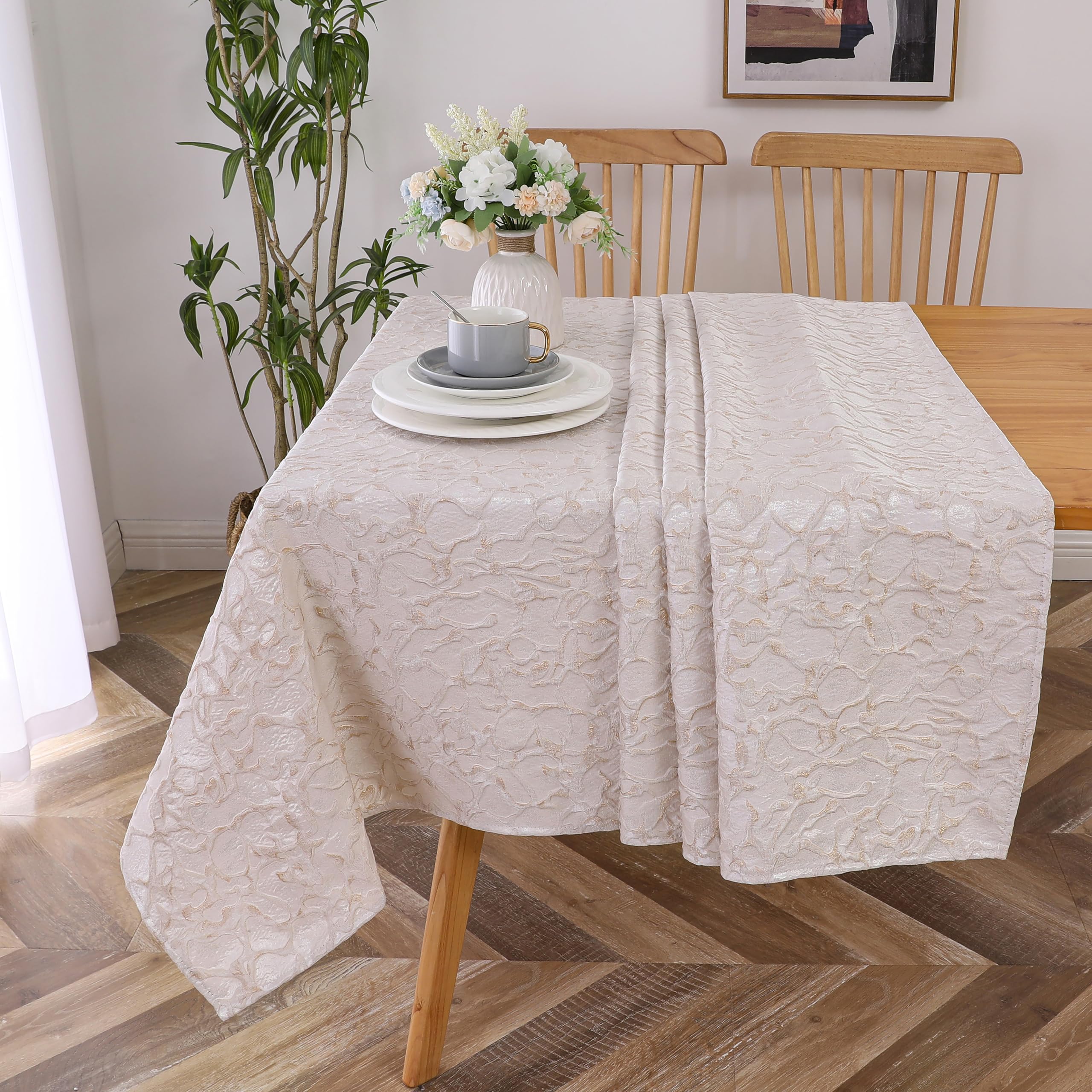 Majestic Giftware Polyester Tablecloths for Rectangle Tables | (70/108) – TC1377 Jacquard Fluffy – White Gold Hem Stitch Dining Table Cover | Decorative Washable Tablecloth for Kitchen & Dining