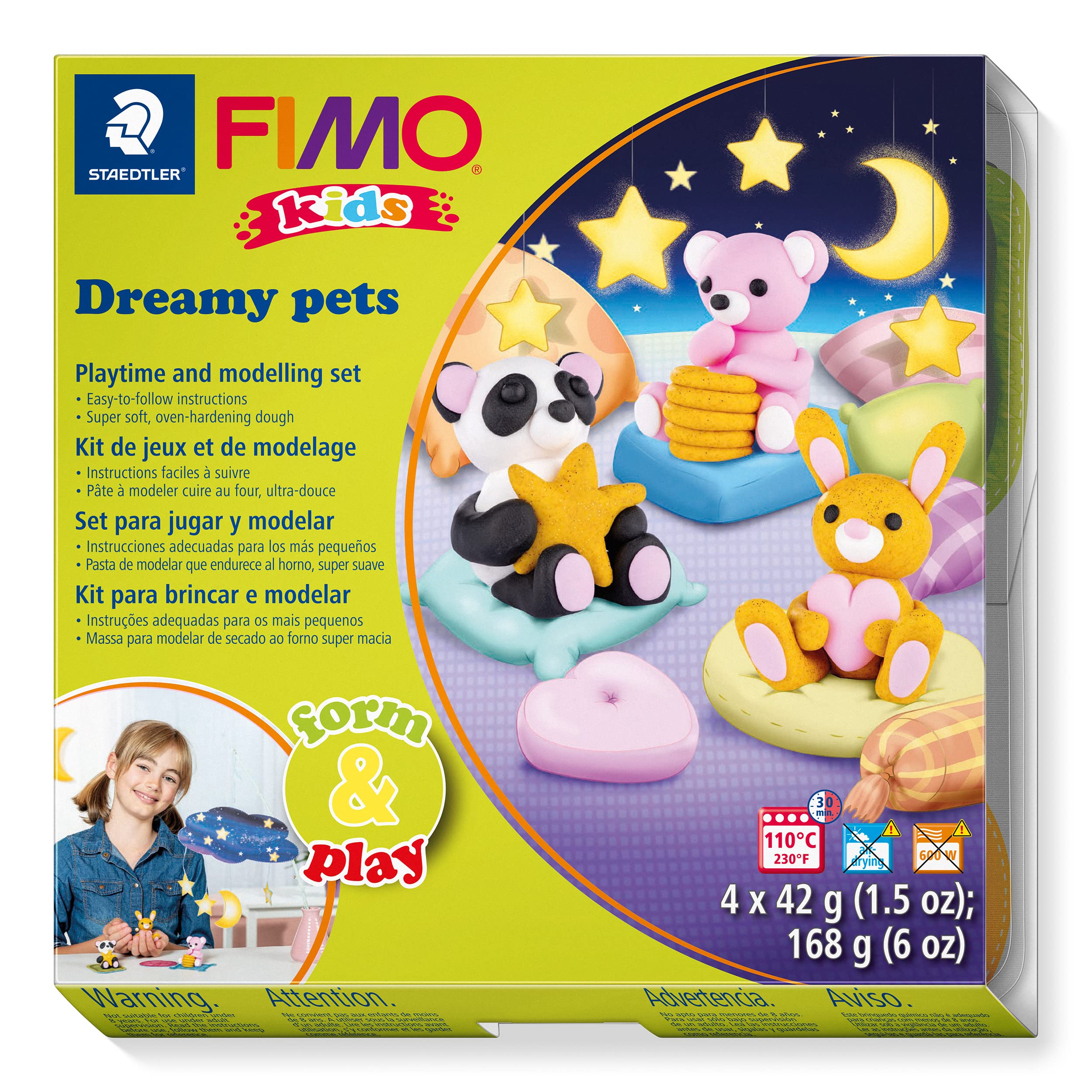 STAEDTLER 8034 28 LZ FIMO Kids Form&Play Playtime and Modelling Polymer Clay Set - "Dreamy Pets" (Pack Of 4 Blocks, Stickers, Modelling Tools and Background Scene)