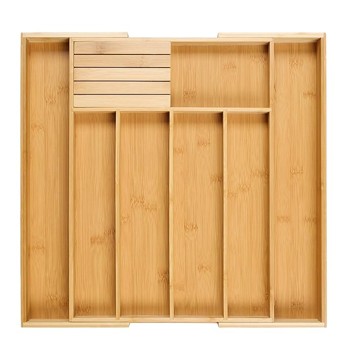 Homex Besteckkasten für Schubladen aus 100% Bambus -Größenverstellbarer Besteckeinsatz HBT: 5x55x44,5 cm mit praktischem MESS