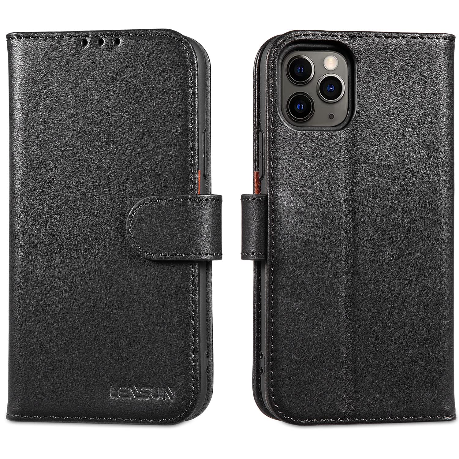LENSUN Flip Case for iPhone 11 Pro, Genuine Leather Wallet Phone Cover [RFID Blocking] with Card Holder Shockproof Folio Compatible with Apple iPhone 11 Pro - Black — image 1