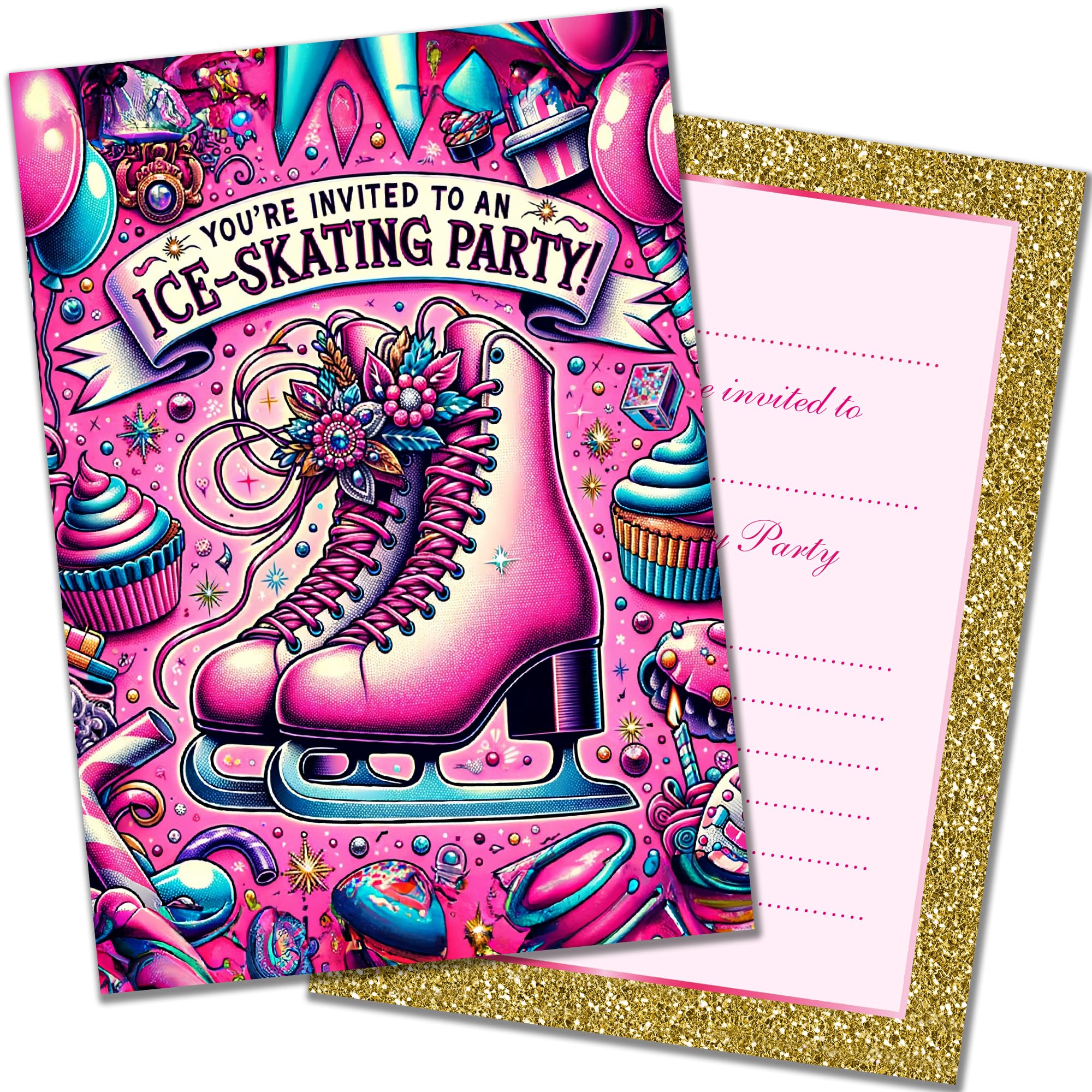 PACK 20 Ice Skating Party Invitations with Envelopes – Artistic Pink Designs – Double Sided Cards – Designed and Printed in the UK