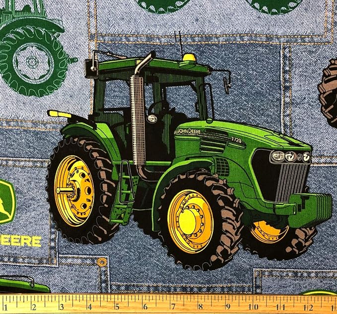 1/2 Yard John Deere Tractor on Denim Blue Cotton Fabric