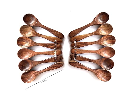 PEBBLE CRAFTS Handmade Wooden Spoon (Brown, 4-inch) - Set of 12