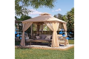 Patio Gazebo 10x10, BUPPLEE Outdoor Gazebo with Mosquito Netting, Patio Canopy with Heavy Duty Frame,Gazebo Tent with Double Air Roofs, Pop Up Canopy Tent for Deck/Garden/Yard/Patio/Sun-Shade