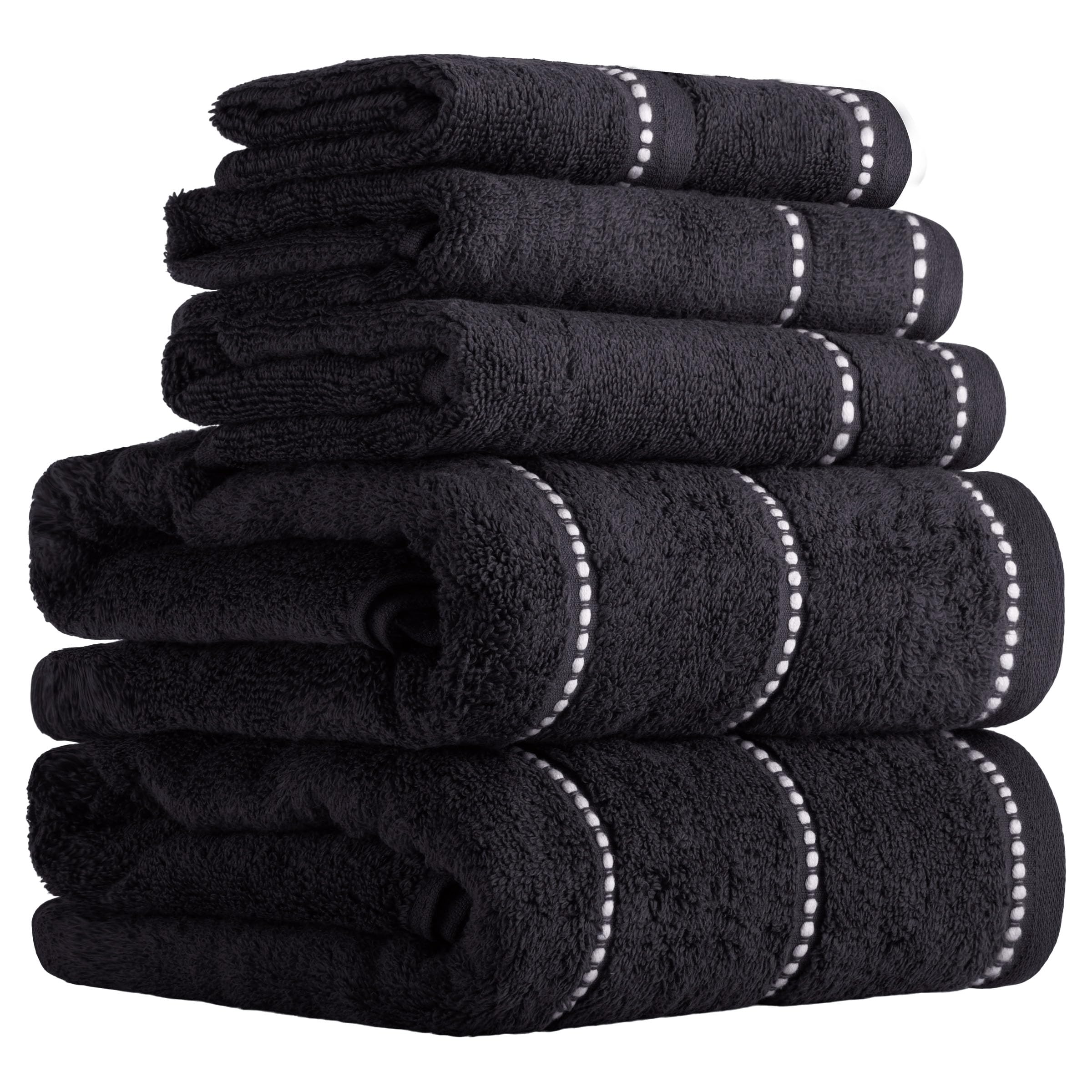 Lavish Home Luxury Cotton Towel Set- Quick Dry, Zero Twist and Soft 6 Piece Set With 2 Bath Towels, 2 Hand Towels and 2 Washcloths (Black/White)