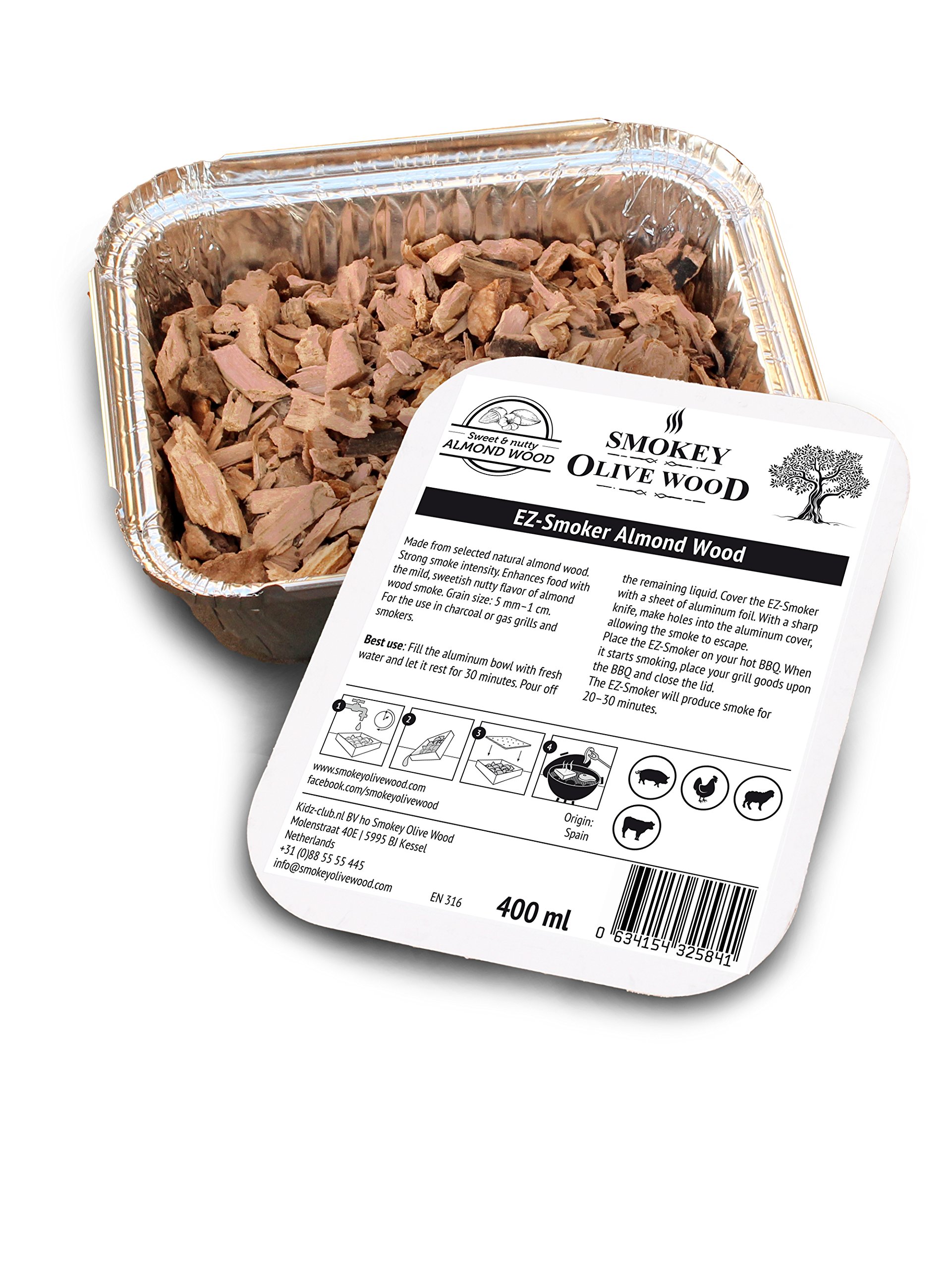 Smokey Olive Wood 400 ml, Almond Wood Chips for BBQ & Smoking, Size 5 mm - 1 cm, Ready for Easy Use, in Aluminium Tray