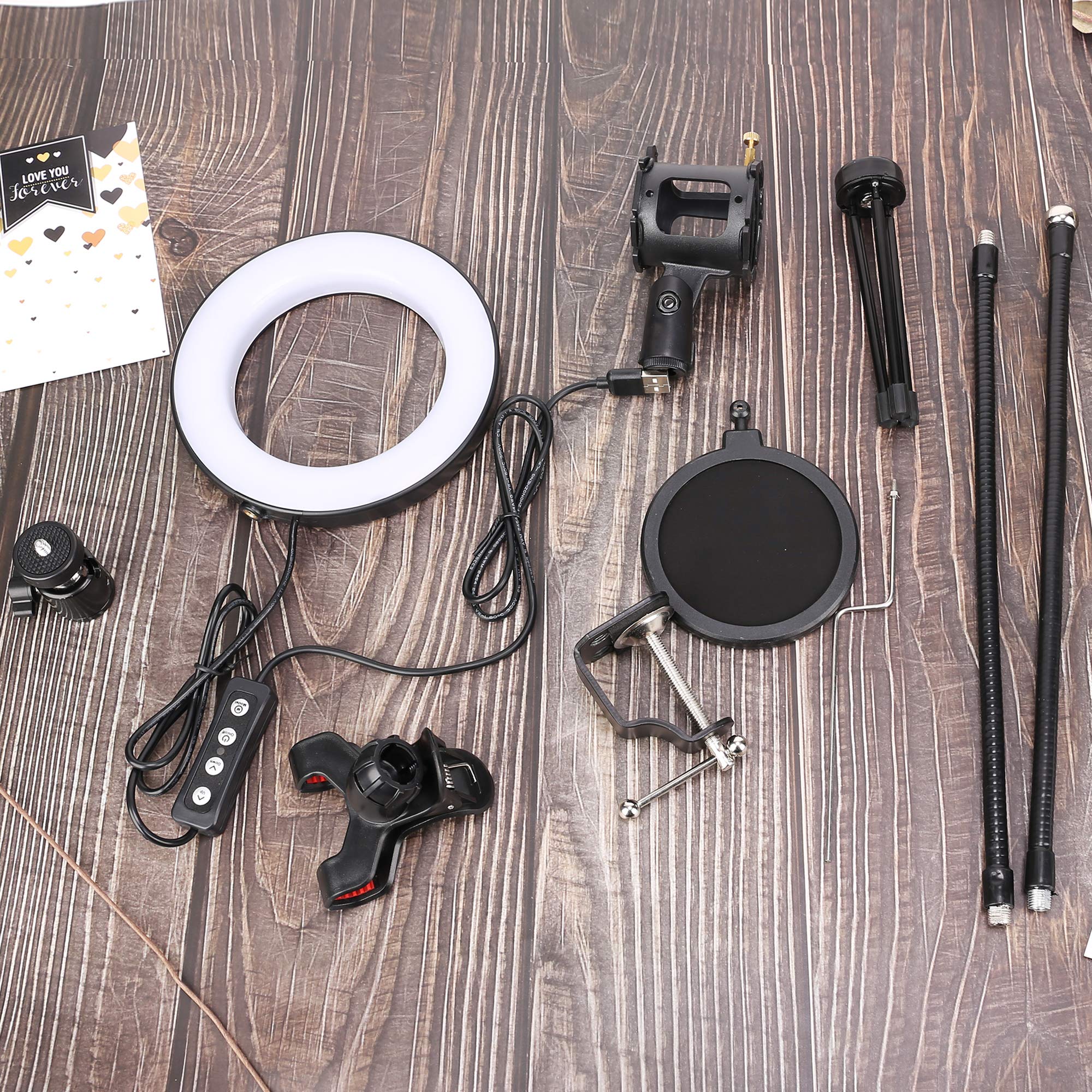 ZOMEI 6 inch LED Ring Light with 2 in 1 Cellphone Microphone Holder Dimmable Desktop Live Stream Light with Color Temperature 11 Level Brightness