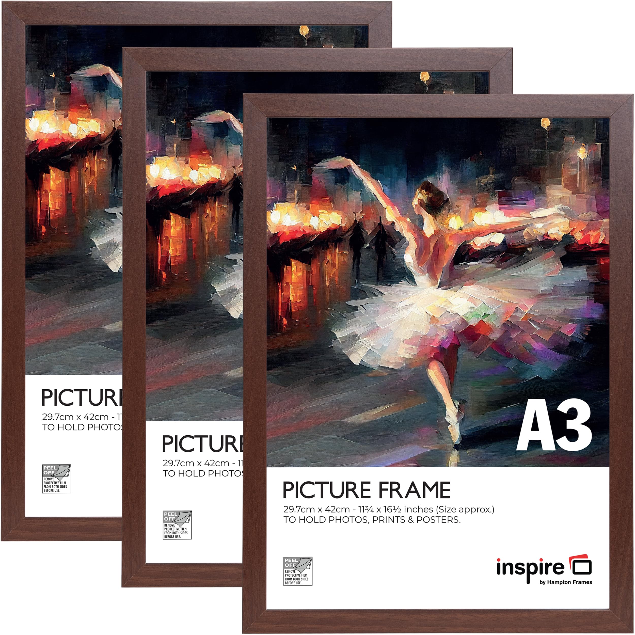 Inspire By Hampton WELFORD A3 (29.7x42cm) Dark Wood Poster Frame Acrylic (Non-Glass) Front Pack of 3