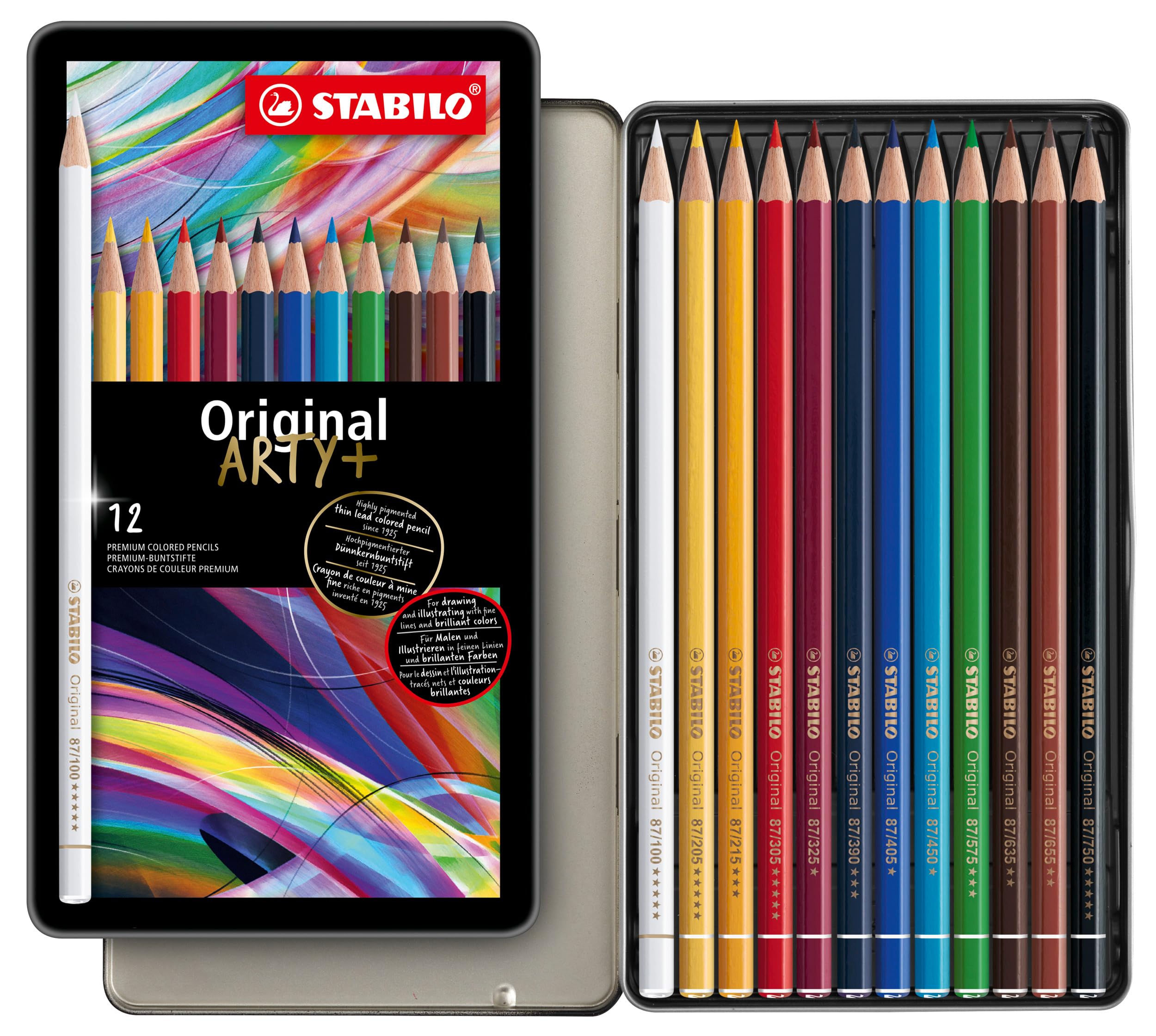 STABILO Original - Thin Lead Colouring Pencil - ARTY+ - Tin of 12 - Assorted Colours
