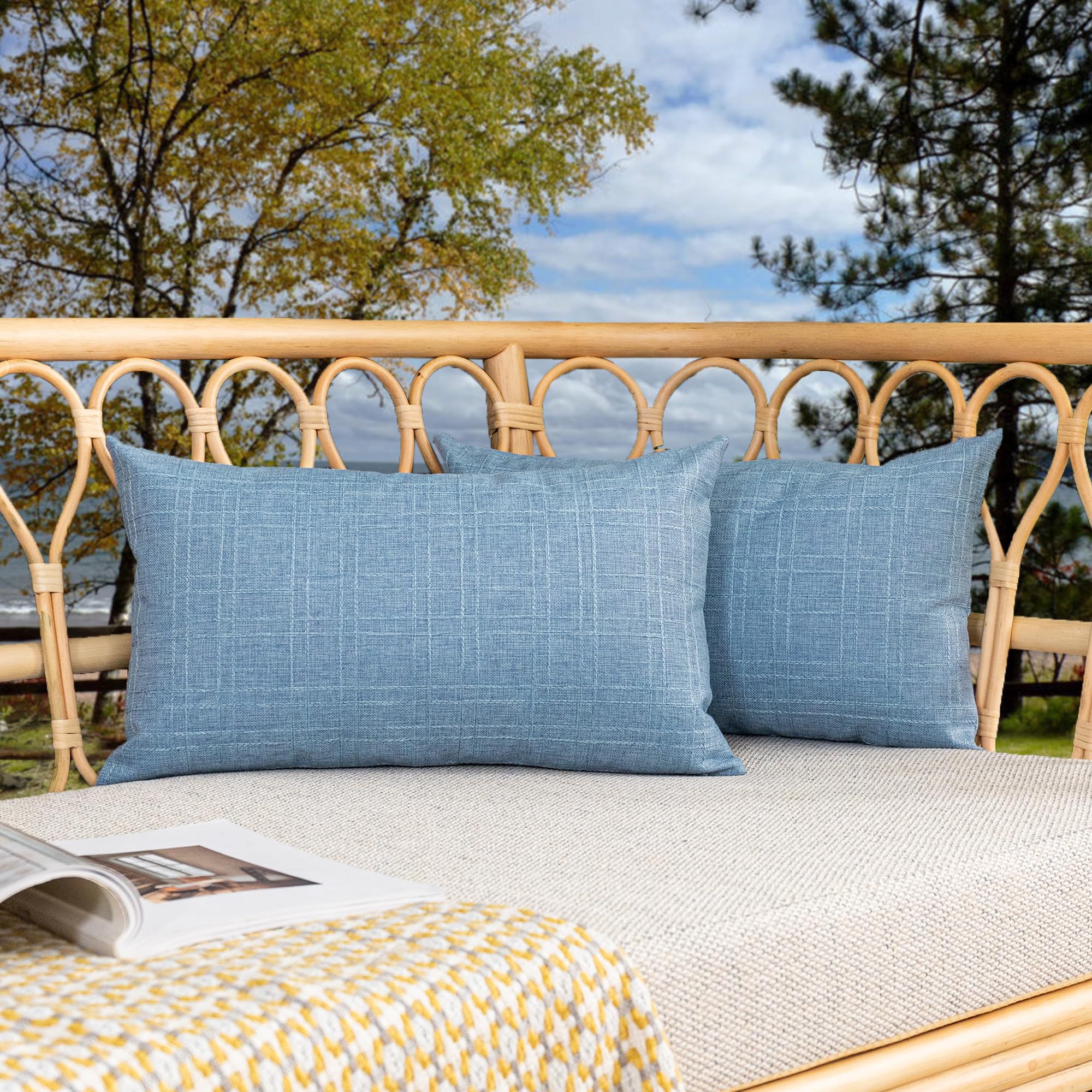 Photo 1 of Kevin Textile Pack of 2 Outdoor Waterproof Throw Pillow Covers Decorative Square Outdoor Checkered Pillows Cushion Case Patio Pillows for Couch 12x20 inches 30x50 cm Light Blue