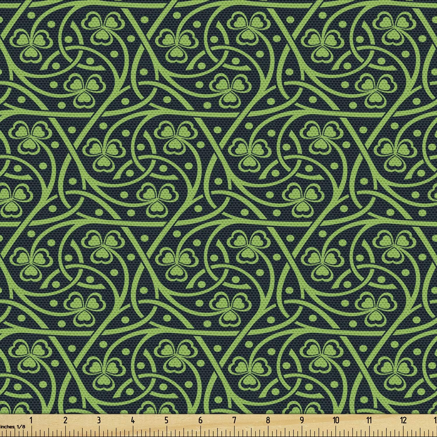 Ambesonne Irish Fabric by The Yard, National Foliage Pattern Intricate Twigs and Dots Trefoil