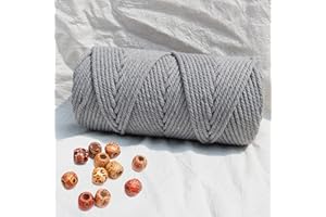 LOVING BASSO Macrame Cord 3mm Cotton Light Grey 109 Yards,Natural Cotton Rope Colored for Macrame Craft,4 Strands Twisted Macrame Cord 3mm for Wall Hanging, Plant Hangers,Gift Wrapping and Wedding Decor