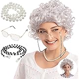 Adult/Child Curly Grey Granny Wig Set with Wig Cap, Glasses, Eyeglass Chain and Pearl Necklace Old Lady Costume Wig Halloween