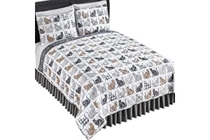 Collections Etc Nala Cat Patterned Grey and Tan Quilt with Stipes, Polka Dots, Floral, and Checkered Designs - Bedroom Decor for Cat Lovers