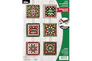 Bucilla Felt Applique 4 Piece Ornament Making Kit, Holiday Quilt Squares, Perfect for DIY Arts and Crafts, 89753E