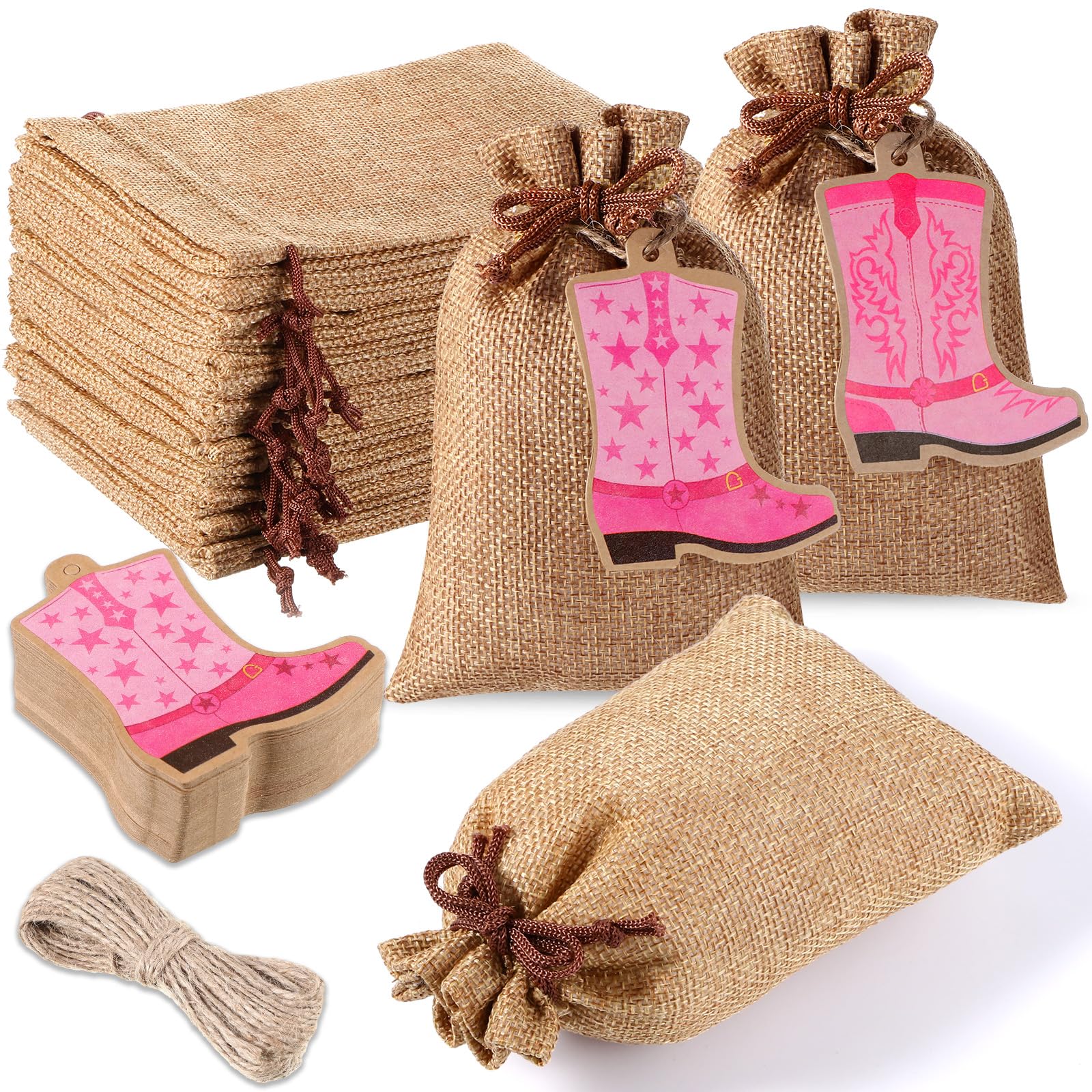 Photo 1 of Mooliwe 50 Pcs Burlap Drawstring Bags with Boot Shape Tags, Western Cowgirl Sacks Bulk 4 x 6 Inches Reusable Burlap Candy Pouch for Cowboy Baby Shower Wedding Bachelorette Party Supplies(Pink)