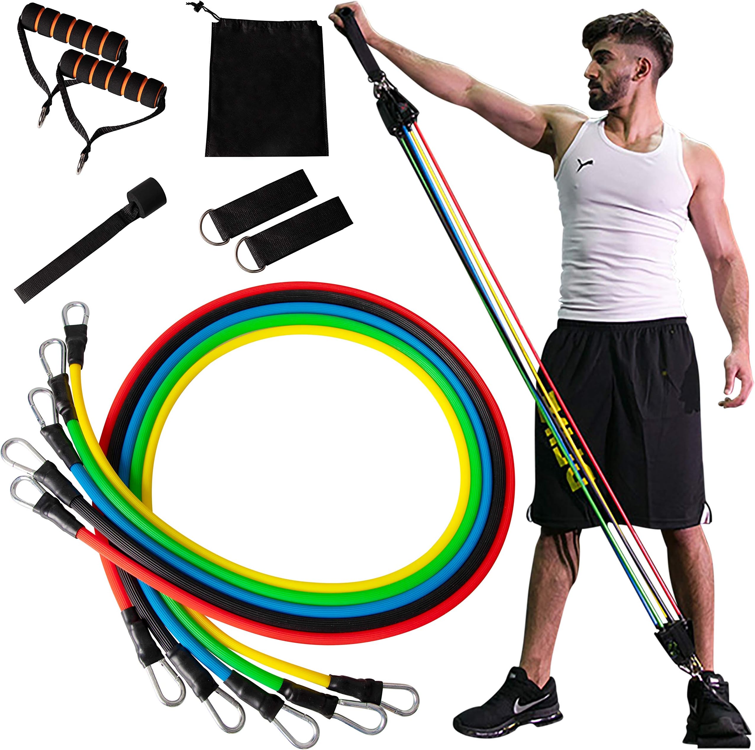 90shine Resistance Bands Set - 5 Stackable Exercise Bands with Handles, Carry Bag, Legs Ankle Straps & Door Anchor Attachment, for Strength Training, Physical Therapy, Home Workouts, Yoga, Pilates
