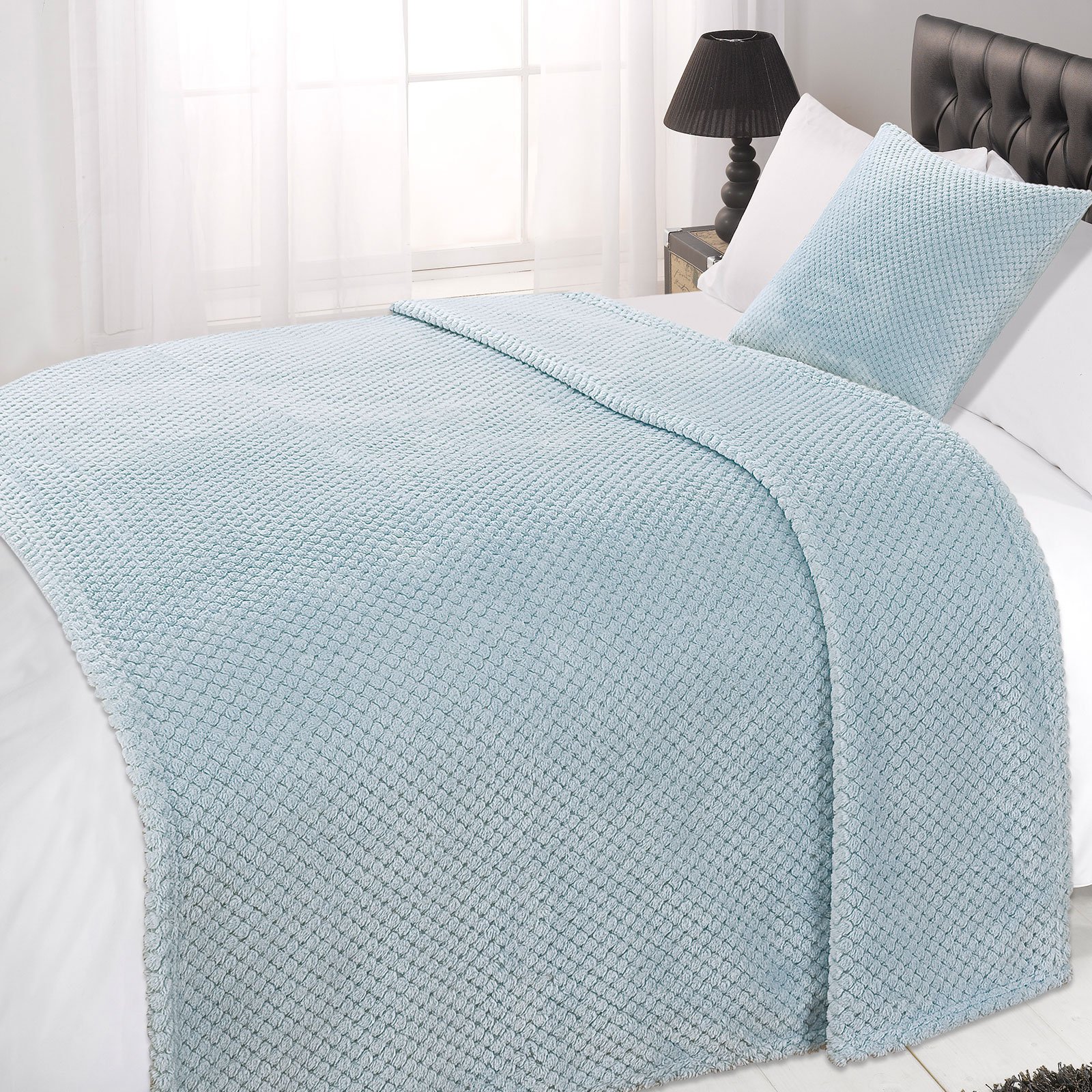 Dreamscene Fleece Blanket Bed Throw King Size, Soft Cosy Warm Honeycomb Waffle Mink Throws for Sofas Bed Settee Fluffy Faux Fur Blanket Large Sofa Throw, Duck Egg Blue - 200 x 240cm