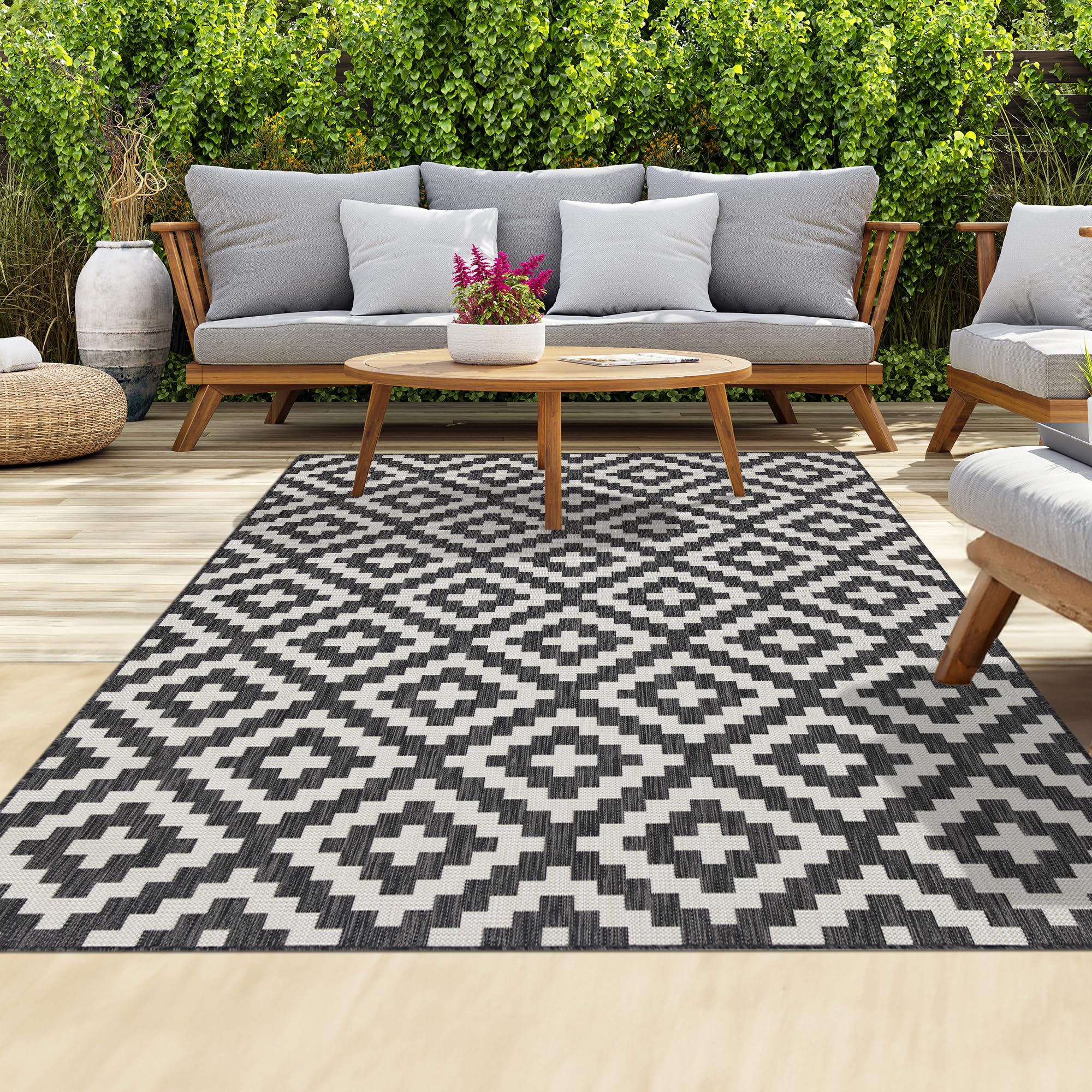 homeart Outdoor Rugs | Easy-Cleaning Indoor & Outdoor Area Rugs for Porch, Deck, Balcony, Garden, Picnic, Kitchen | UV & Weather-Resistant Large Patio Rug Mats D.Anthracite Cream, 120 x 170 cm