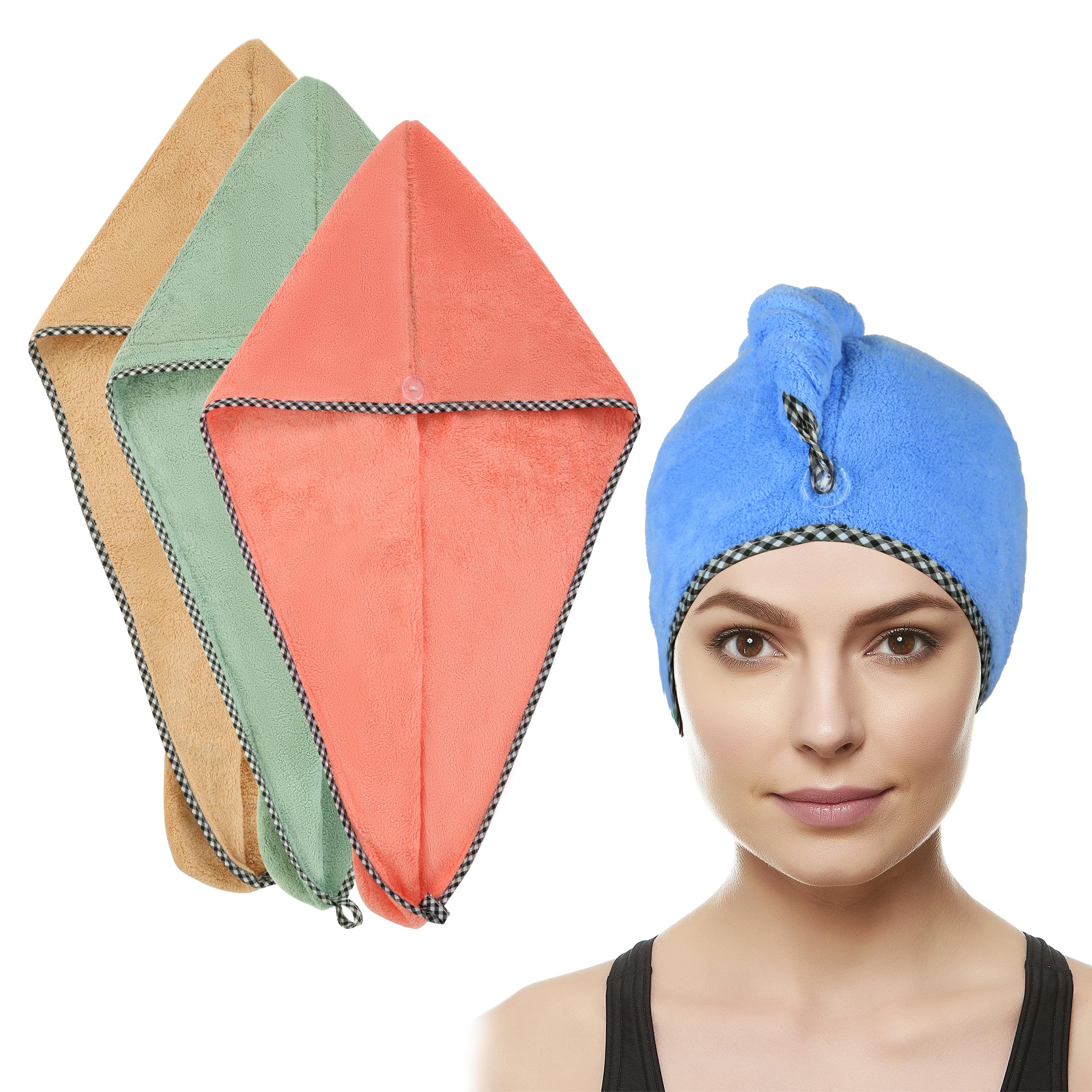 Mitavo 4 Pack Microfibre Hair Turban Towels for Hair, Head Towel with Button for Quick Hair Drying, Anti-Frizz Super Absorbent Wrap for Long, Short, Straight or Curly Hair