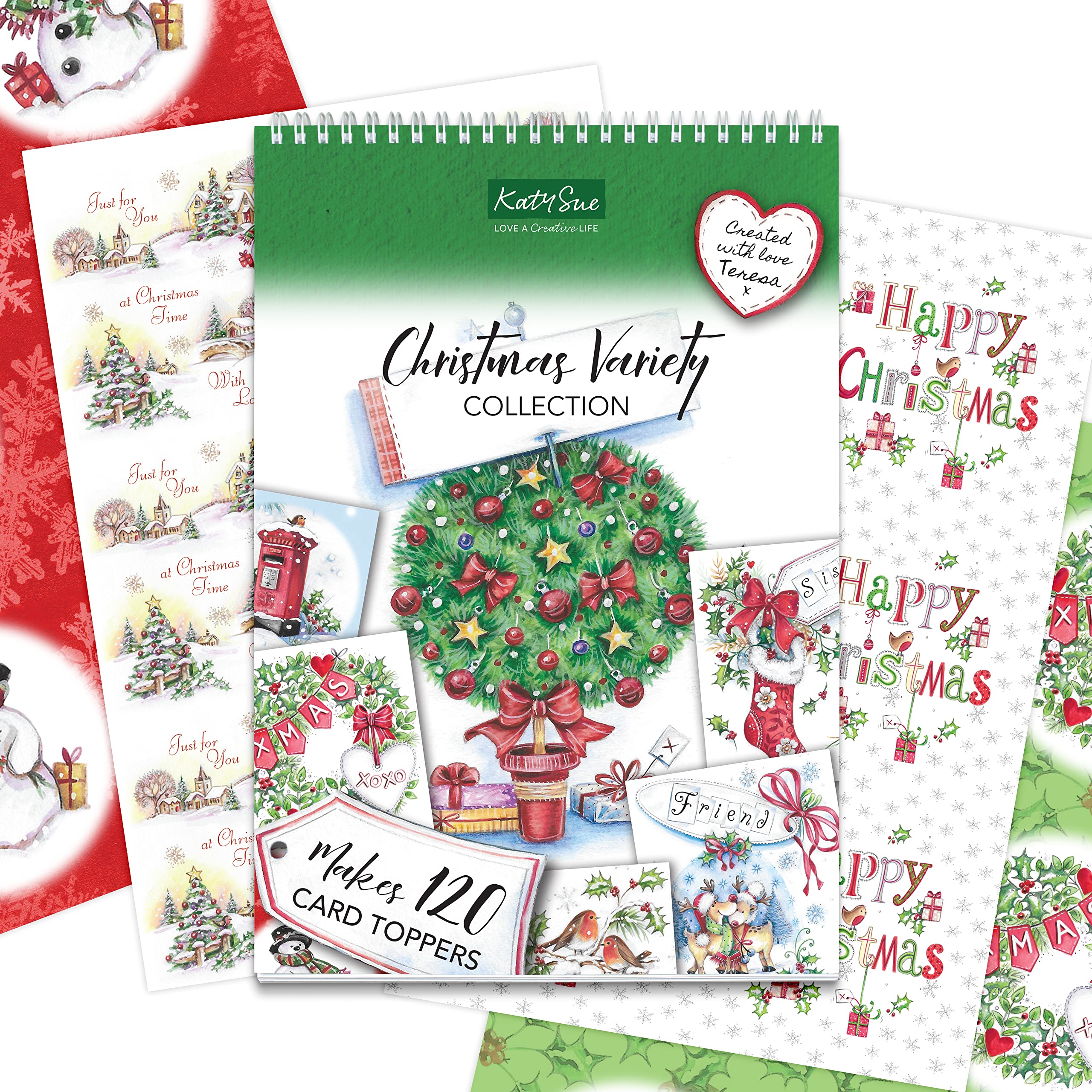 Katy Sue Christmas Variety Collection Papercraft Pad (NOT pre-Cut/die-Cut) - 40 Sheets of Christmas Card Making Toppers, Designs, Elements, Verses.
