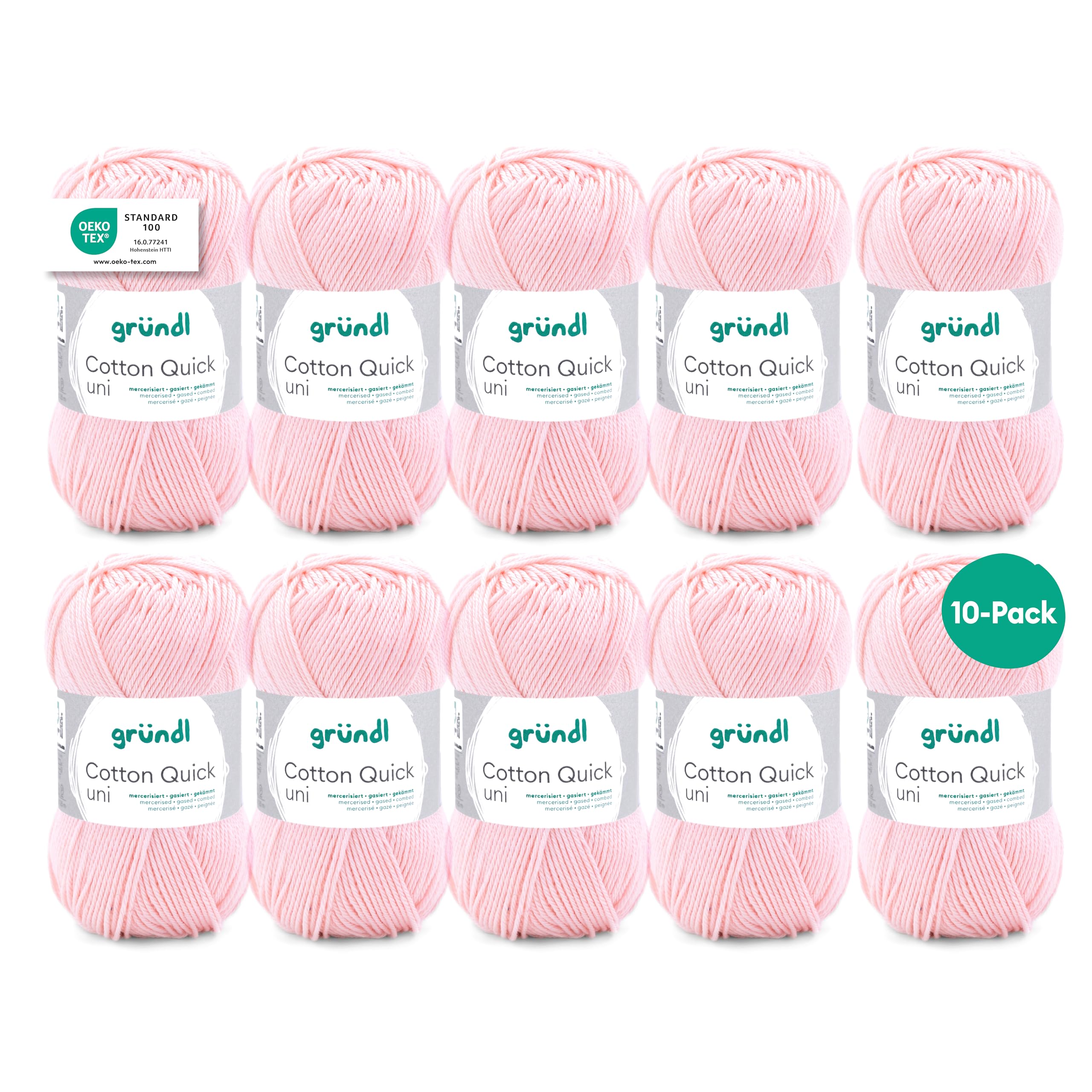 Gründl Cotton Quick Uni knitting/crochet yarn, 10 balls à 50 g (colourful yarn made of 100% cotton, OEKO-TEX certified, 50 g / 125 m, needle size: 3-4, 10 x 50 g), light pink