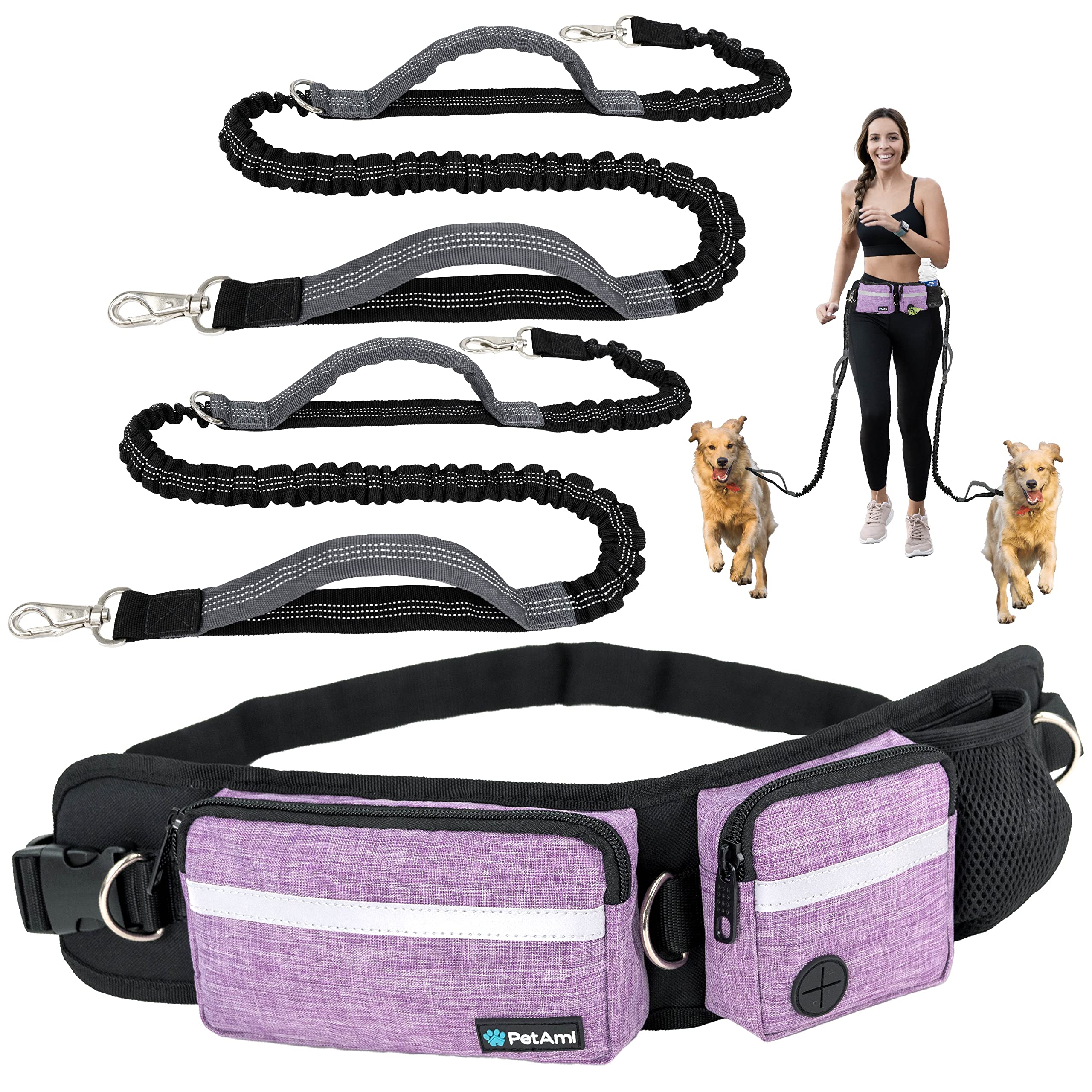 PetAmi Hands Free Dog Leash Belt Bag for Walking, Jogging - Double Padded Handles Reflective Bungee Leash with Waist Pouch and Poop Bag Dispenser