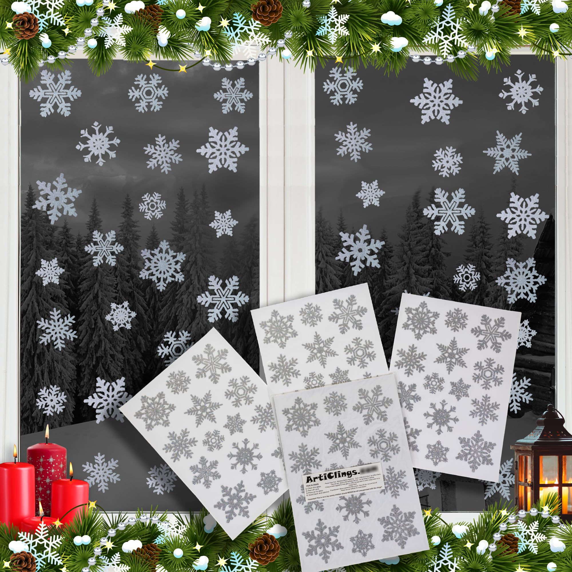 Articlings Beautiful Glitter Snowflake Static Window Clings (56 Snowflake Clings)