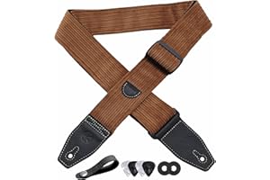 YIKOKO Guitar Strap 2 inch Corduroy Guitar Straps with Full Grain Leather End, for Bass Electric and Acoustic Guitars, Free Strap Button, 2 Strap Locks and 4 Guitar Picks