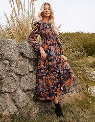 Casual Dresses for Women Fall Floral Smocked Midi