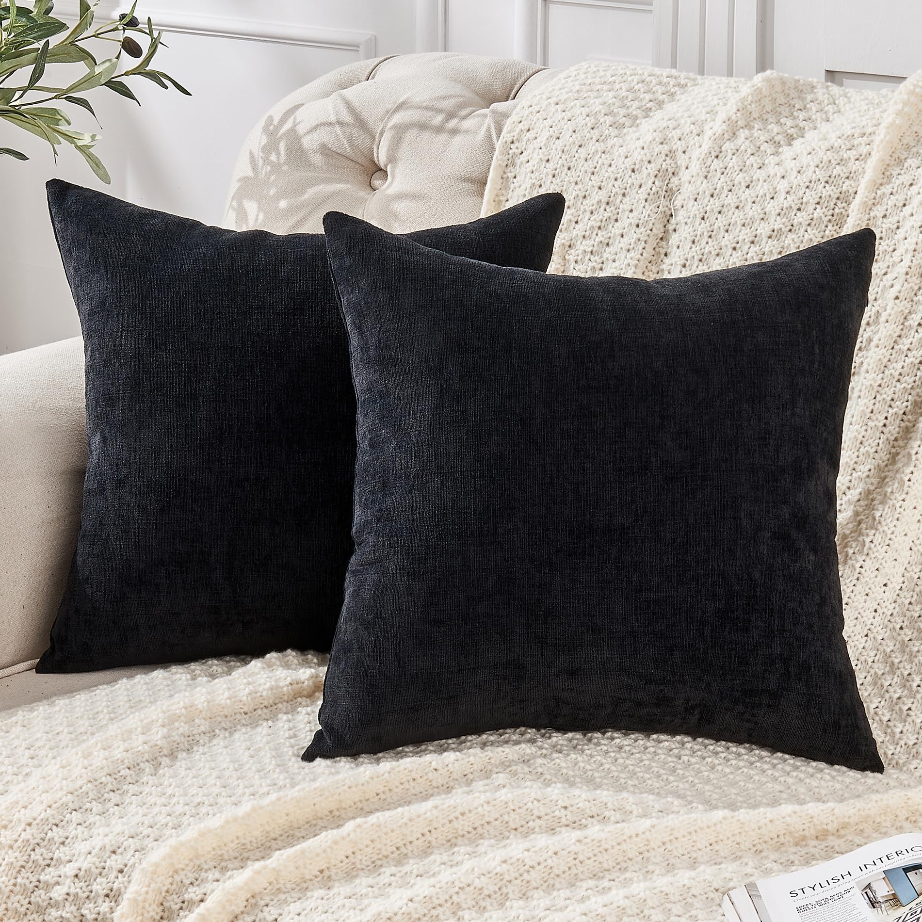 GAWAMAY Decorative Chenille Throw Pillow Covers 26x26 Inch Pack of 2, Soft Square Couch Pillow Cover for Sofa Cushion Living Room Bedroom Solid Dyed Oversized Pillowcases Black 66x66cm (ONLY Covers) Image