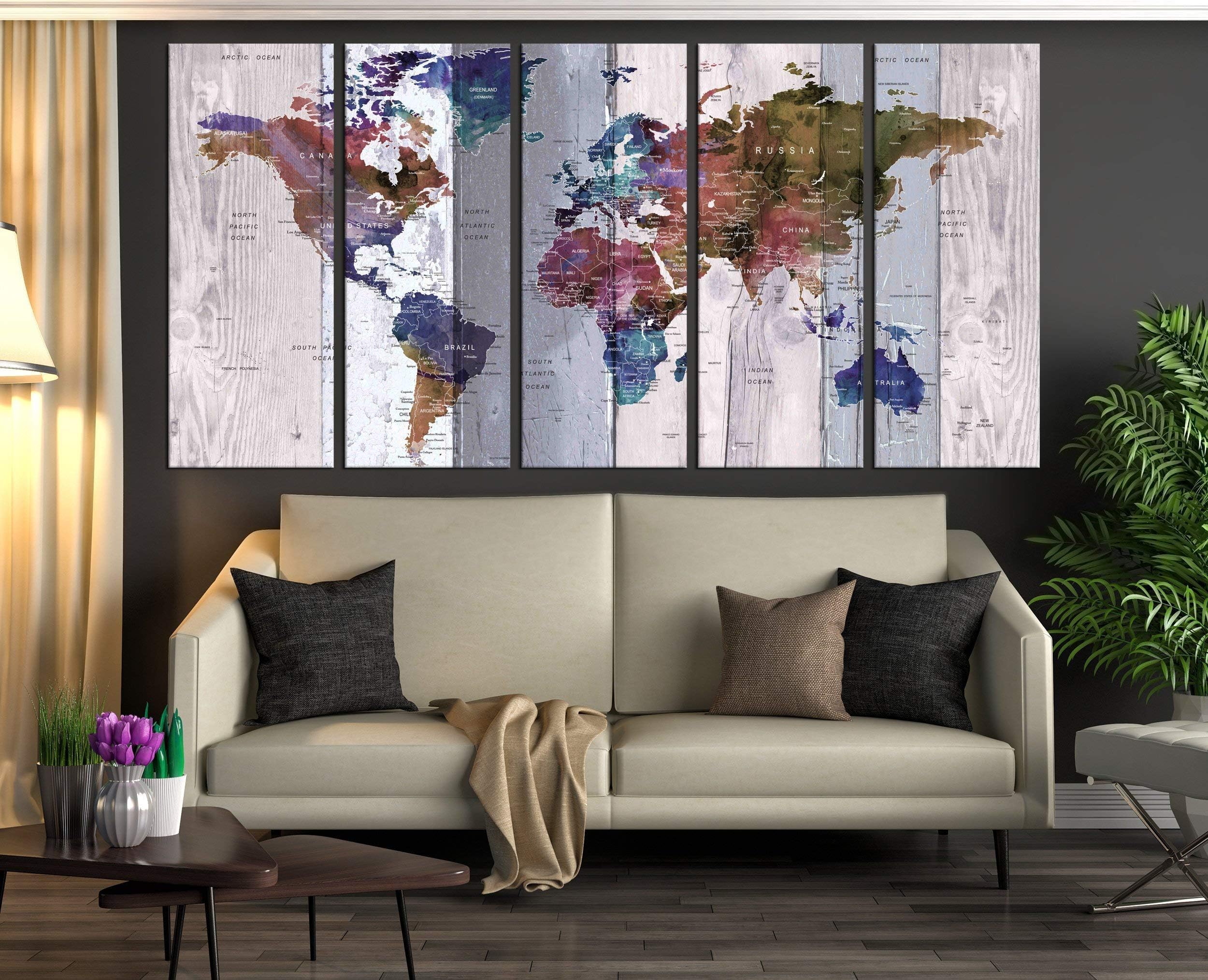 Extra Large Wall Art Push Pin World Map Canvas Print, Atlas World Travel Map Watercolor Wall Decal For Bedroom, Framed World Map Wall Decor 711