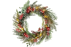 MINDELF 21 in Christmas Wreath, Front Door Mixed Evergreen Holly Leaves Wreath with 20 LEDs, Hanging Lighted Holiday Wreath with Timer (3AA Batteries not Included)
