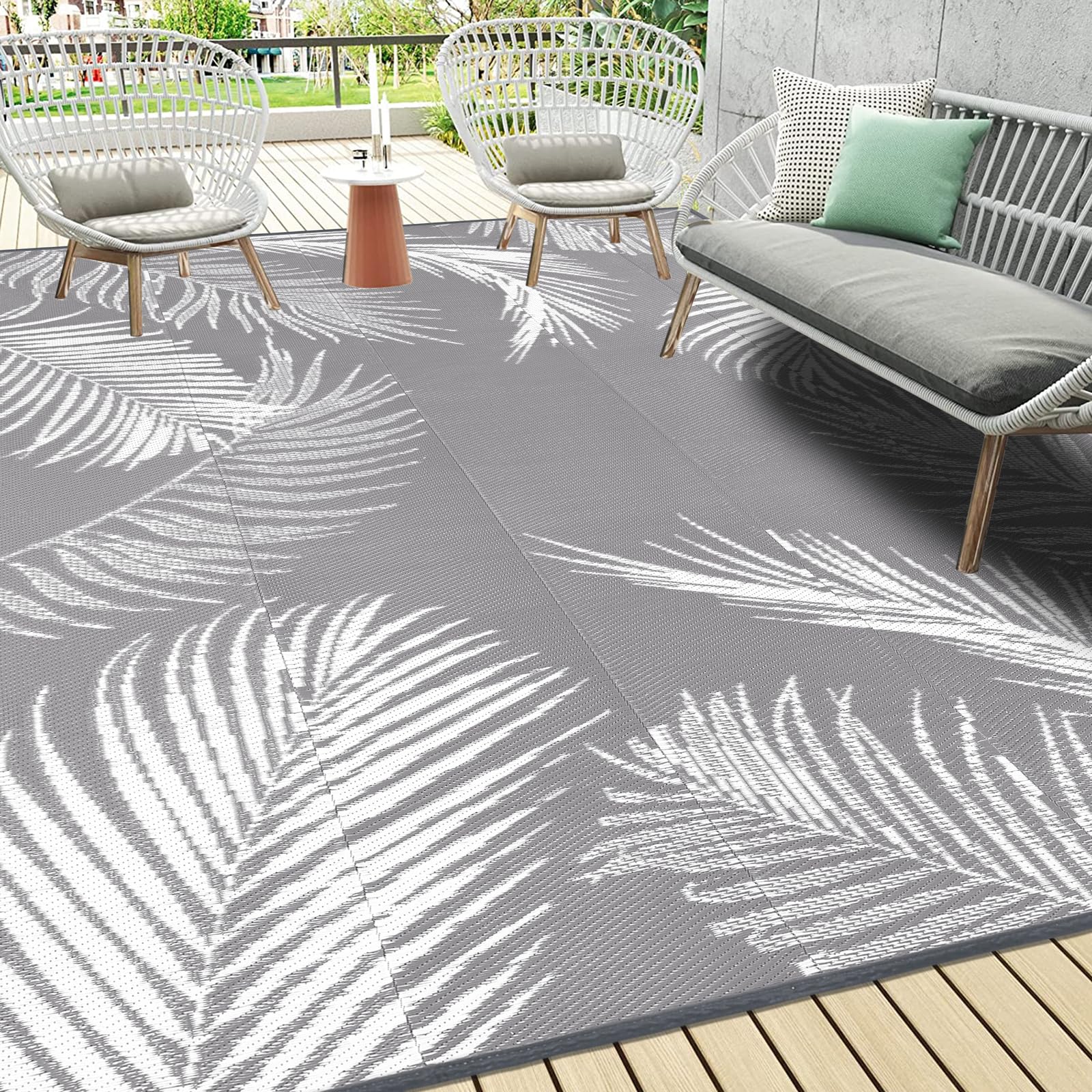 Pauwer Waterproof Outdoor Rug 9x12, Reversible Plastic Straw Patio Camping Rug, Indoor Outdoor RV Mat Carpet for Deck, Camper, Porch, Balcony, Backyard, Picnic, Leaf Grey Image Pauwer Waterproof Outdoor Rug 9x12, Reversible Plastic Straw Patio Camping Rug, Indoor Outdoor RV Mat Carpet for Deck, Camper, Porch, Balcony, Backyard, Picnic, Leaf Grey Image