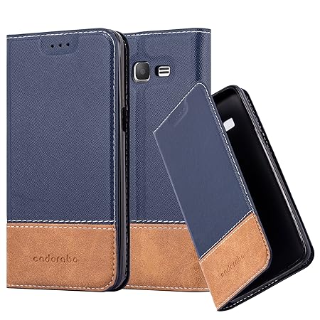 Cadorabo Hülle für Samsung Galaxy Grand Prime - Hülle in BLAU BRAUN – Handyhülle mit Standfunktion und Kartenfach aus Einer K