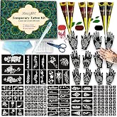 XWGLFT 191 Pcs Temporary Tattoo Stencils Kit, 6 Cones (2Black,2Brown,2Red) | Plant-based &amp; beginner-friendly. Gentle application with prep tools. Safe Halloween body art for teens