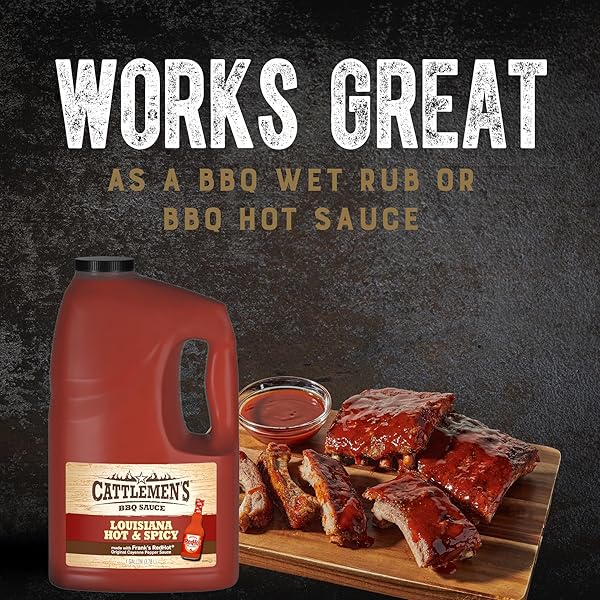 CATTLEMEN’S LOUISIANA HOT & SPICY BBQ SAUCE, 1 GAL – ONE GALLON CONTAINER OF SPICY BARBEQUE SAUCE MADE WITH RIPE TOMATOES, BEST ON SHRIMP, CHICKEN TACOS, MEATBALLS AND MORE