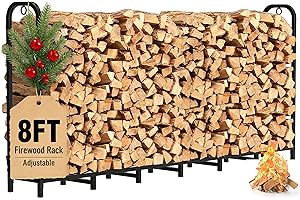 Gtongoko 8ft Heavy Duty Metal Firewood Rack Outdoor Indoor Adjustable Fire Wood Holder Rack for Fireplace, Log Racks for Firewood Outdoor, Wood Pile Storage Organizer, Black