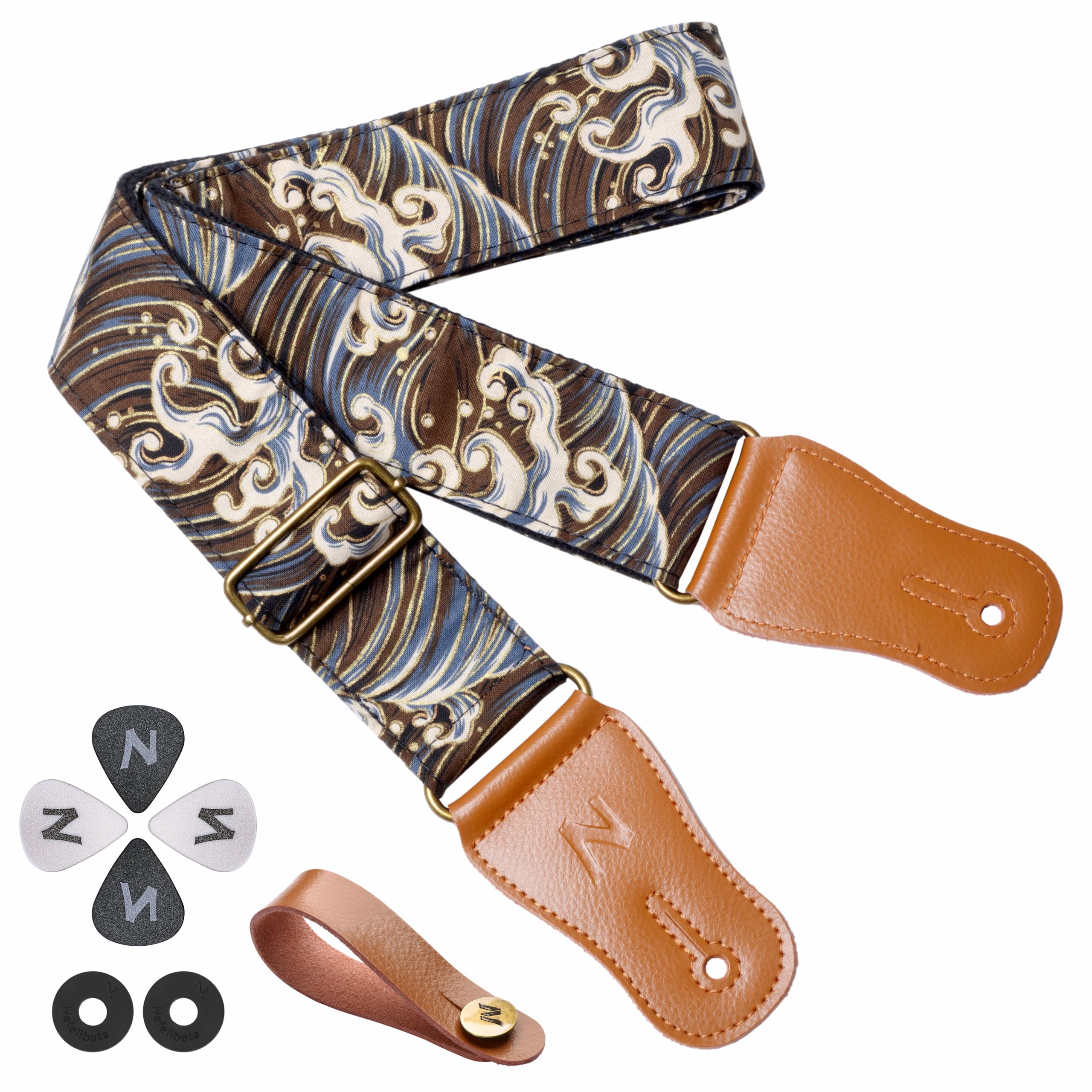 Nefelibata Japanese Cotton Guitar Strap for Acoustic Guitar, Ukulele, Free Headstock Strap Adapter with Buckle, Guitar Picks and Strap Lock(Waves) (JTBD-JCS185)