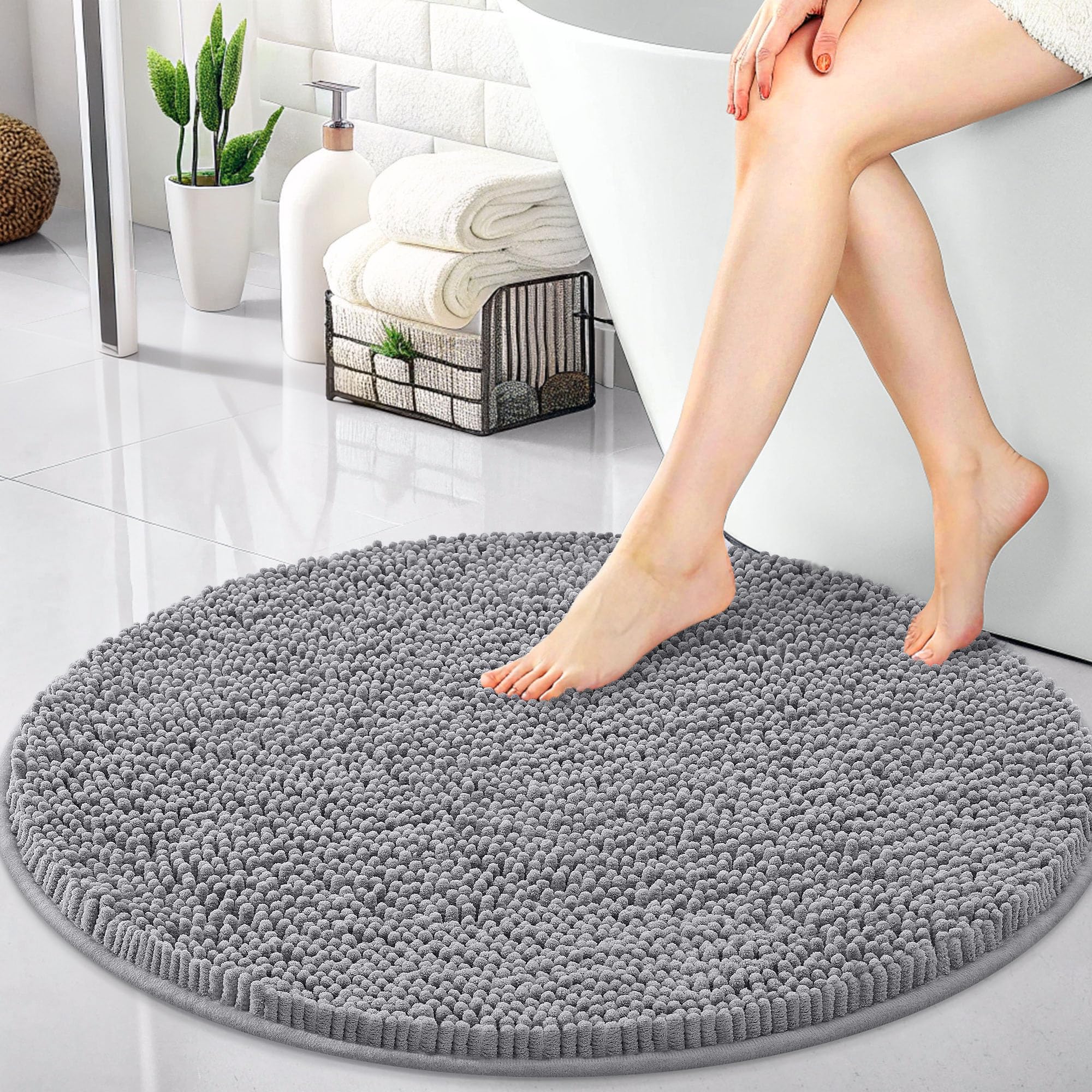 Photo 1 of OLANLY 30-inch Round Bathroom Rugs, Extra Soft and Absorbent Chenille Bath Rugs, Quick Dry Machine Washable Bath Mats for Bathroom Floor, Tub and Shower, Home Decor Accessories, Grey