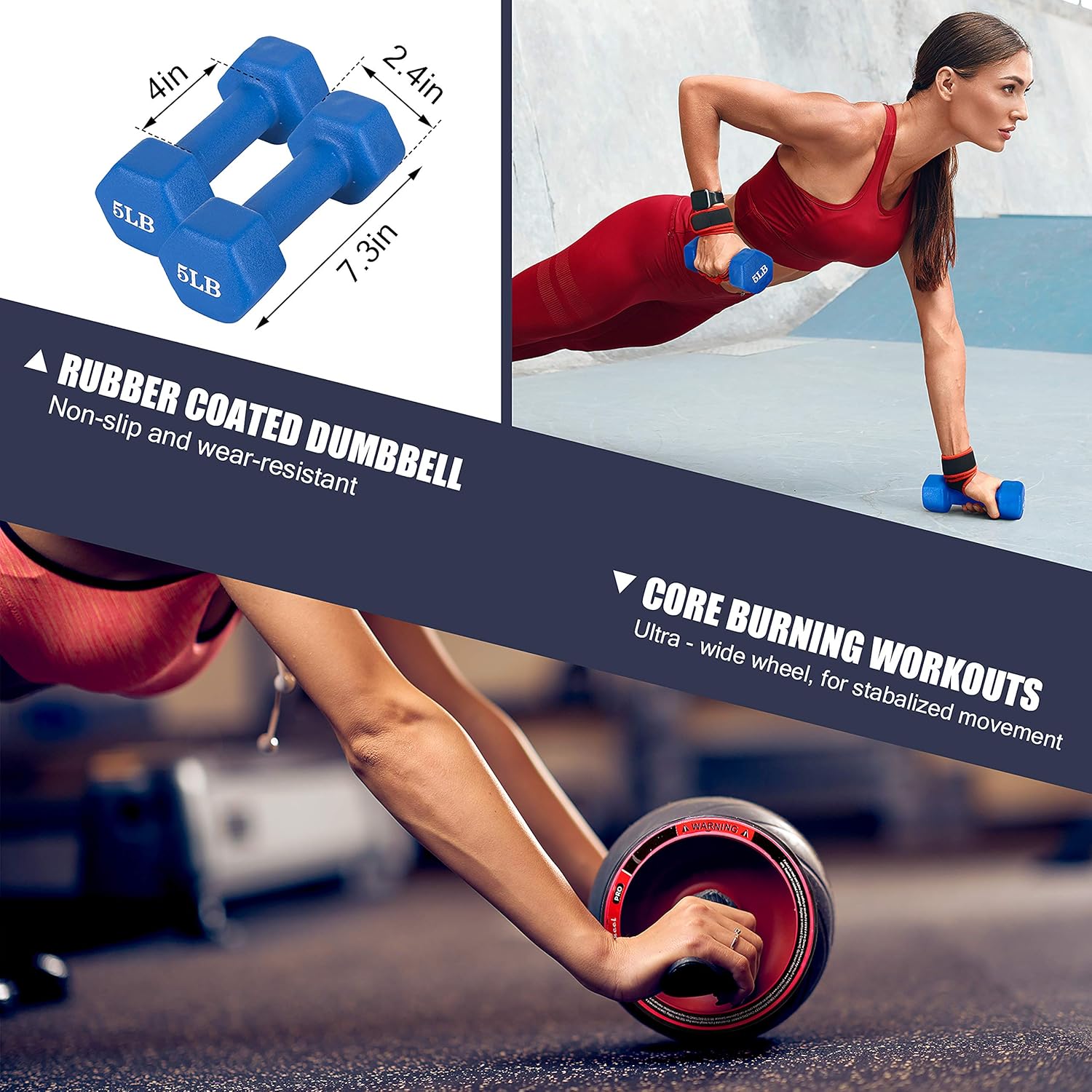 STELLARH Core Workout Home Gym Set! Full Body Workout Home Exercise Equipment with Ab Roller Wheel, 5lb Dumbbells Set of 2 Free Weights, Booty Band Fabric Resistance Bands and Jump Rope for Fitness : Sports & Outdoors