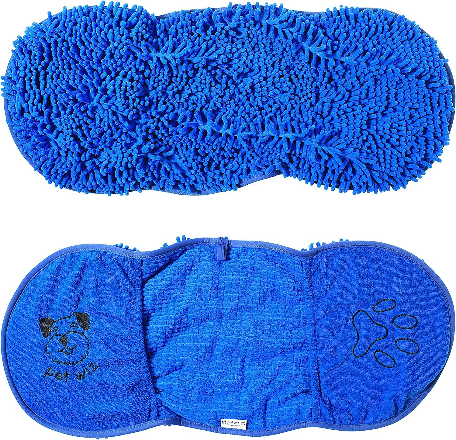 pet wiz Microfibre Noodle/Chenille Towel, Super Absorbent, Quick Drying, Lightweight, with Handy Glove Compartments, 82cm x 32cm (Royal Blue)