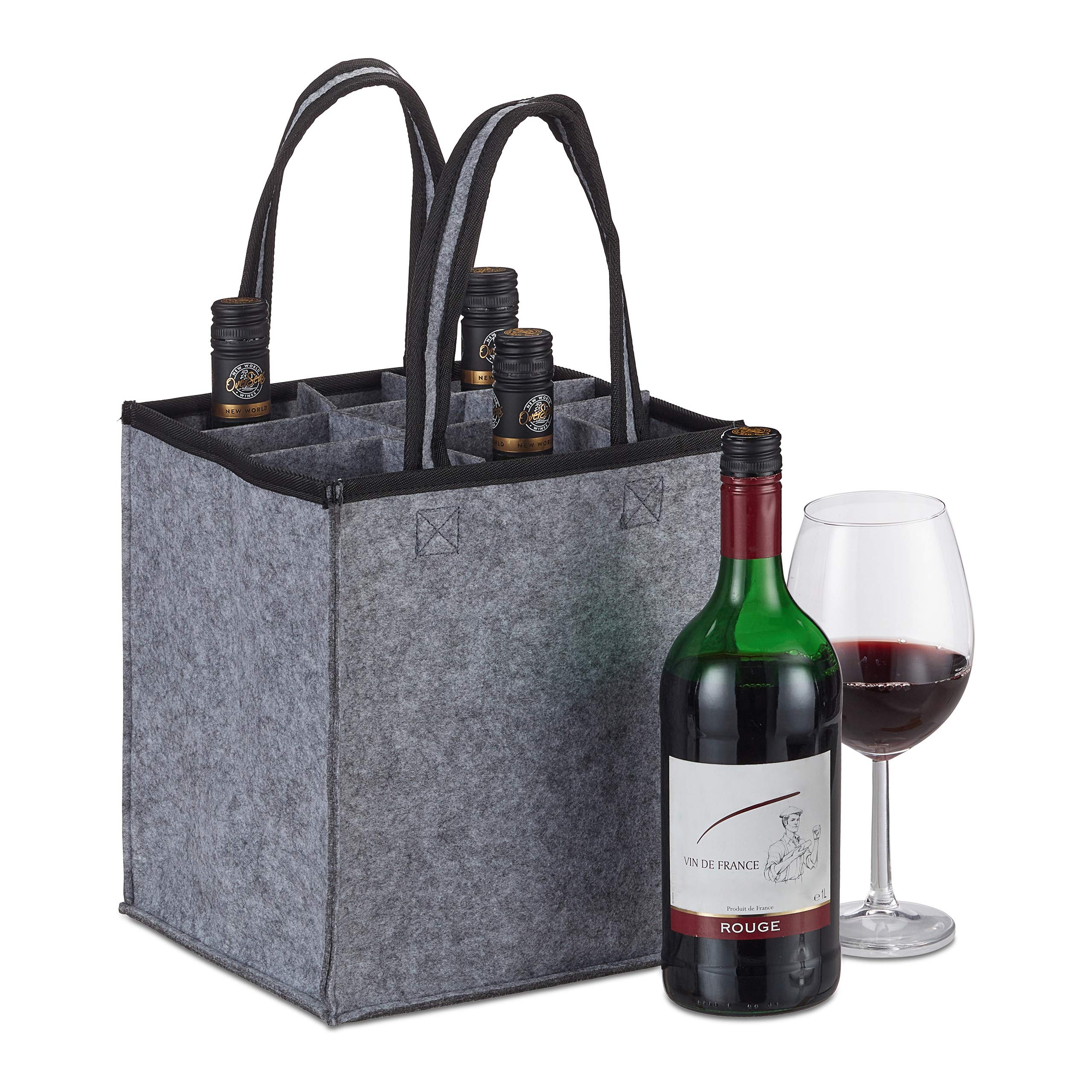 Relaxdays Bottle Carrier, 9 Glasses, Wine, Beer, Collect, Empty Drinks, Size 45 x 24 x 24 cm, Felt Tote, Anthracite
