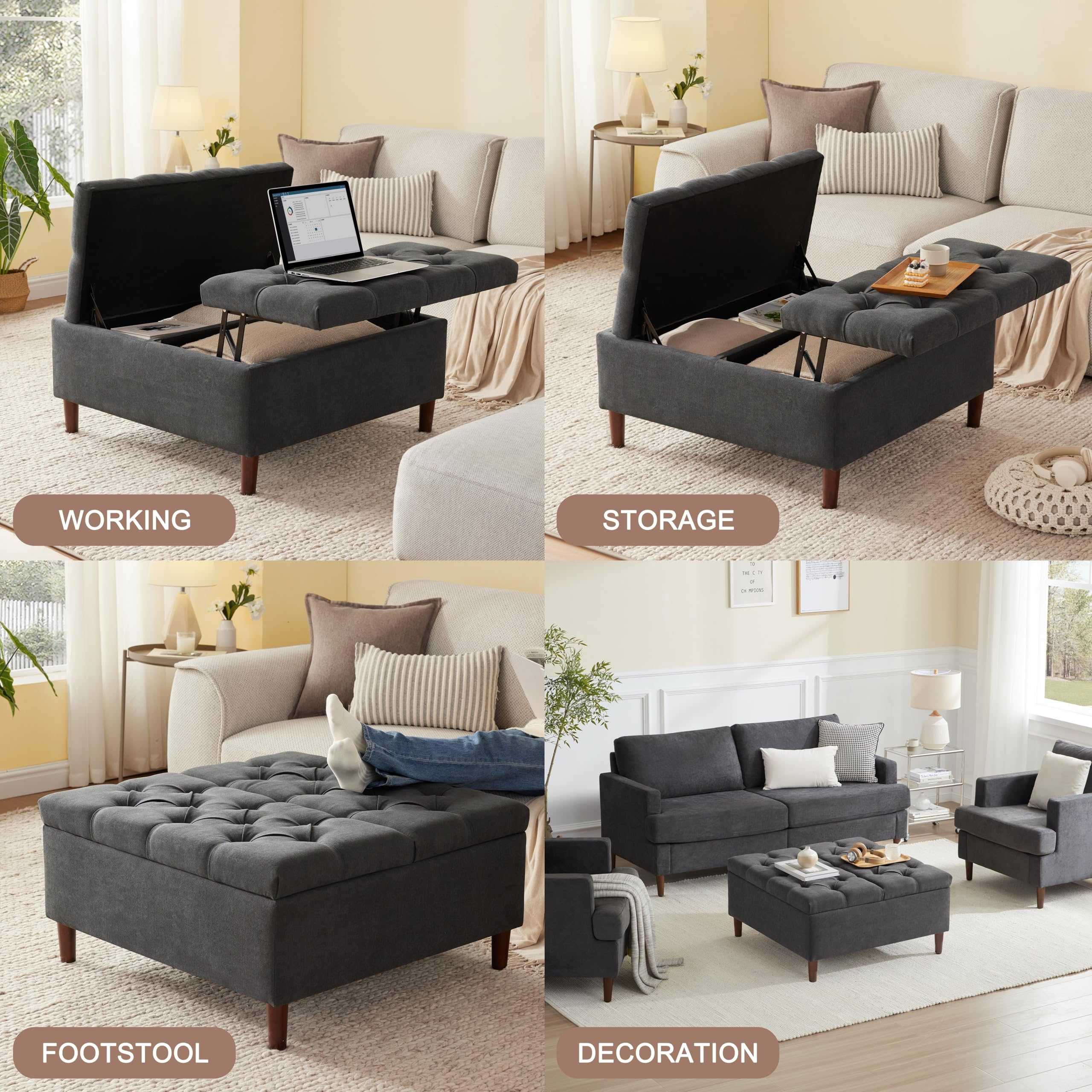 Weture 35 Inch Extra Large Storage Ottoman Coffee Table No Assembly Required, Oversized Square Ottoman with Storage, Tufted Upholstered Ottoman Coffee Tables for Living Room (Fabric, Dark Grey) - Image 5