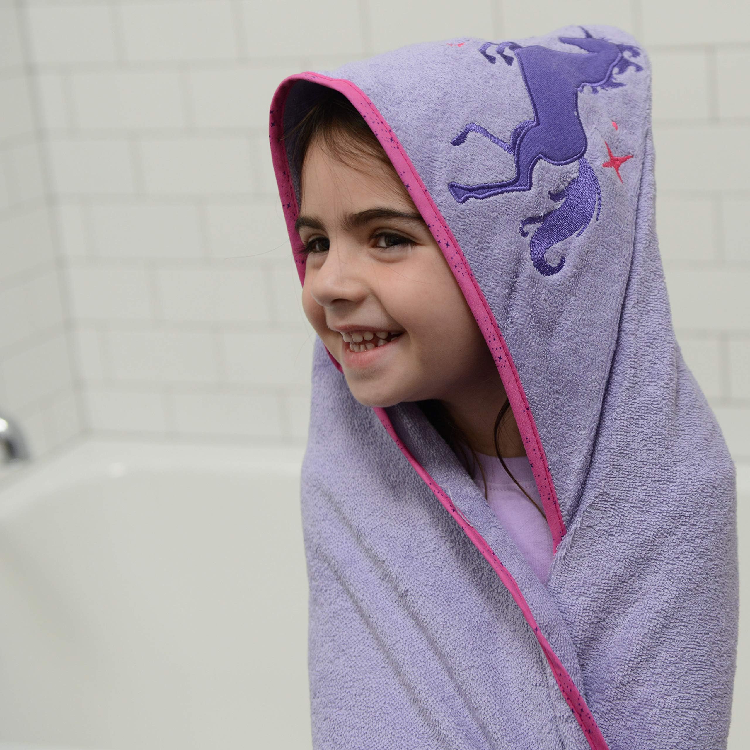 Bluenido Girls Hooded Unicorn Towel 100% Cotton Purple 35 x 35
