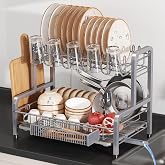 BOOSINY 2 Tier Large Stainless Steel Dish Drying Rack for Kitchen Counter | Big Dish Drainer with Drainboard, Cup &amp; Utensil Holder, Space Saving Rustproof Countertop Metal Plate Dryer Rack, Fast Drain