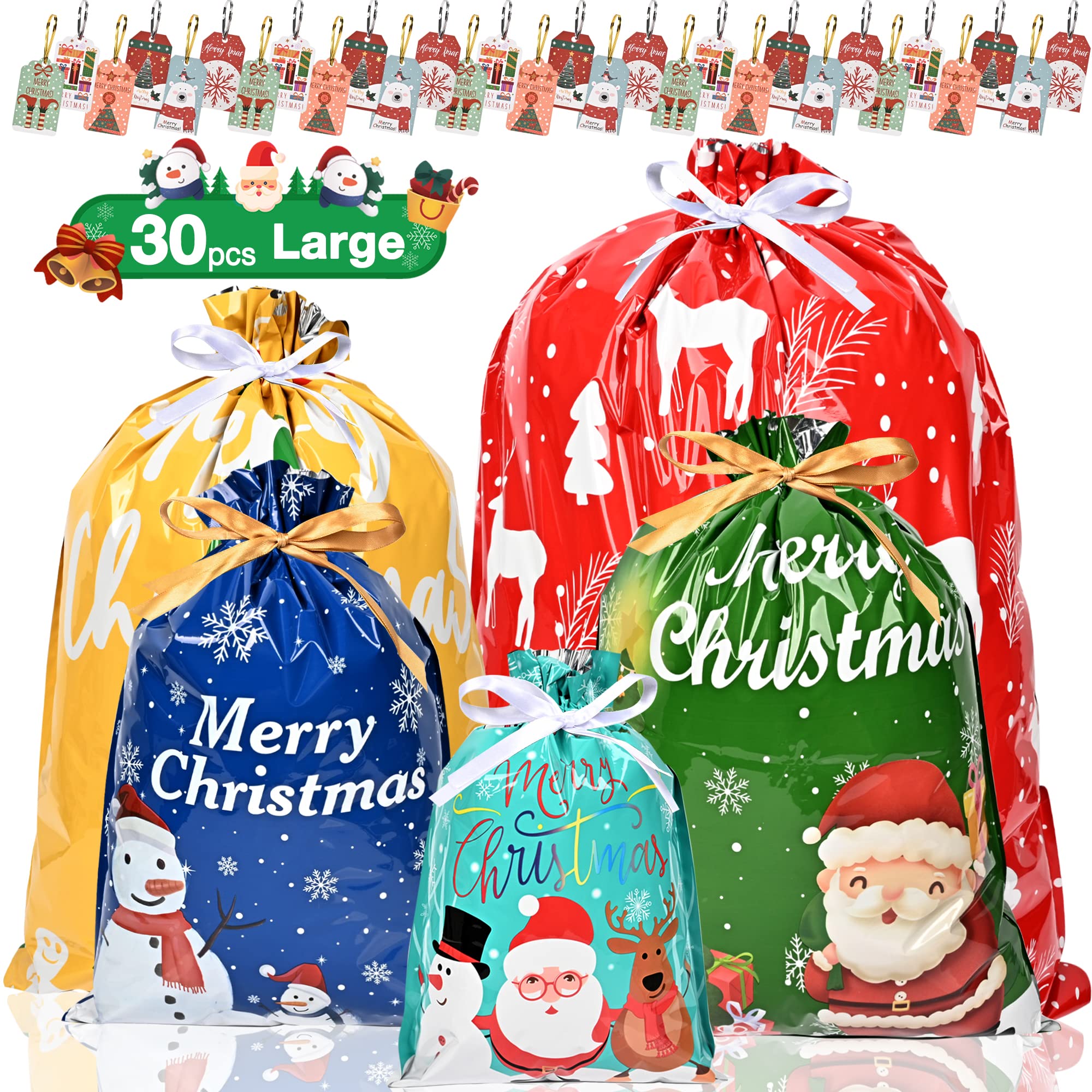 Christmas Wrapping Bags 30Pcs Extra Large Drawstring Gift With Tags,Foil Xmas Tie for Presents Variety of Sizes,Reusable Wrap Bag Multipack 5 Sizes & 13 Different Designs, XXL